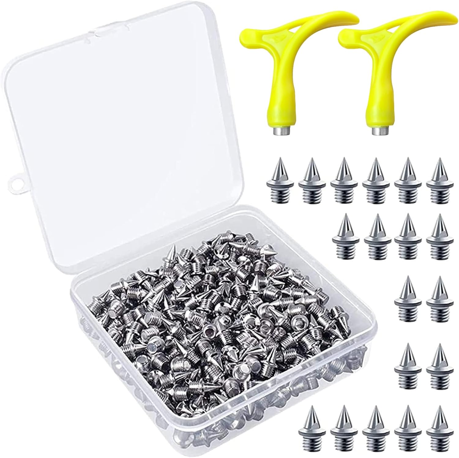 Kulannder 150 Pieces 1/4 Inch Steel Spikes Track Shoe Spikes Replacement with 2 Pieces Spike Wrench and Storage Box for Sprint Track Cross Country, Pyramid Shape