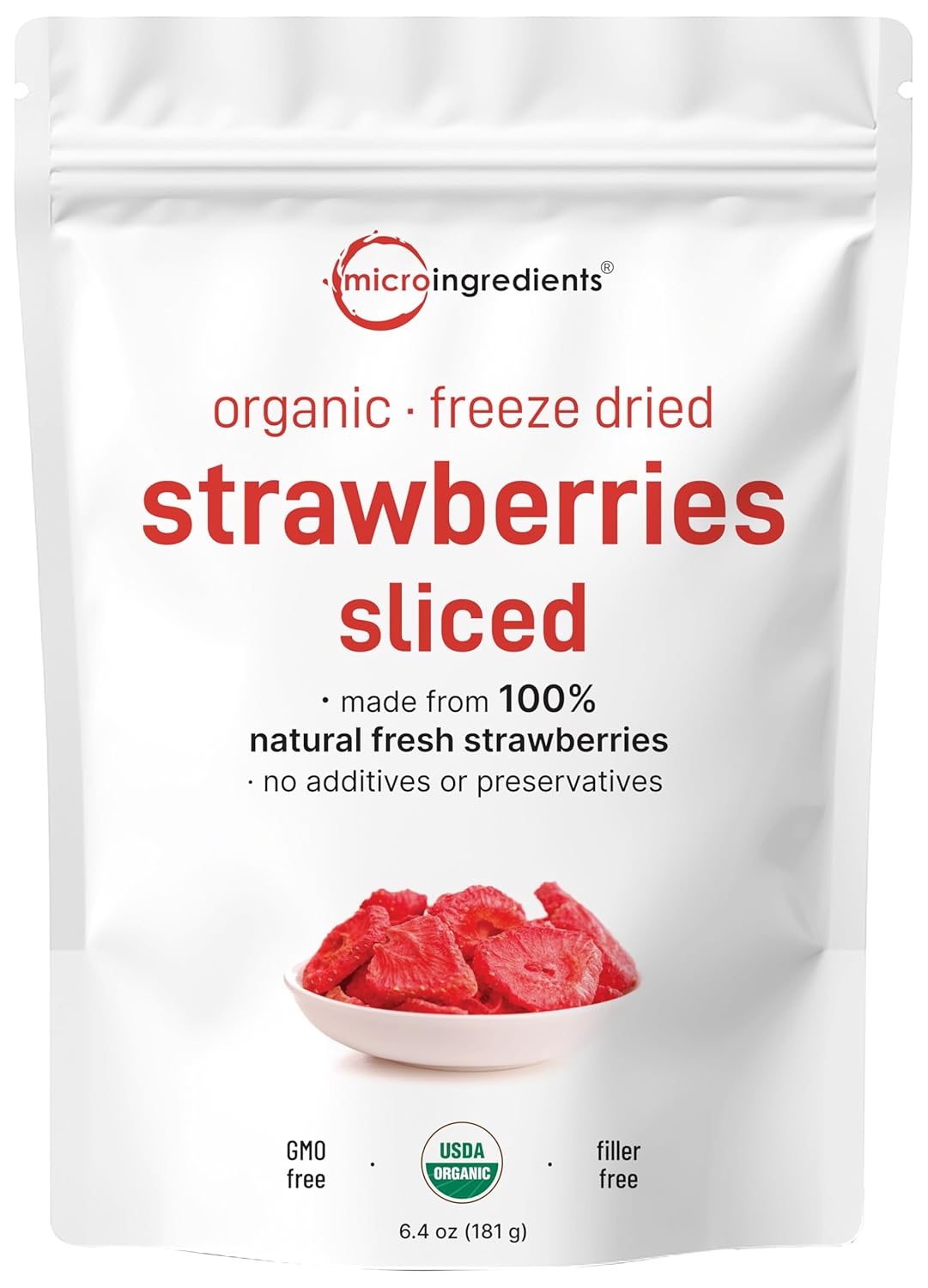 Micro Ingredients Organic Strawberries Sliced, 6.4oz | 100% Natural Fruit | Freeze Dried Strawberry Source | No Sugar & Additives | Healthy Snack & Topping for Beverages or Recipes | Non-GMO, Vegan