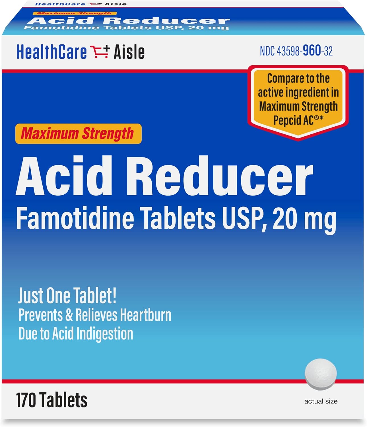 HealthCareAisle Famotidine 20 mg, 170 Tablets, Maximum Strength Acid Reducer, Prevents and Relieves Heartburn Due to Acid Indigestion