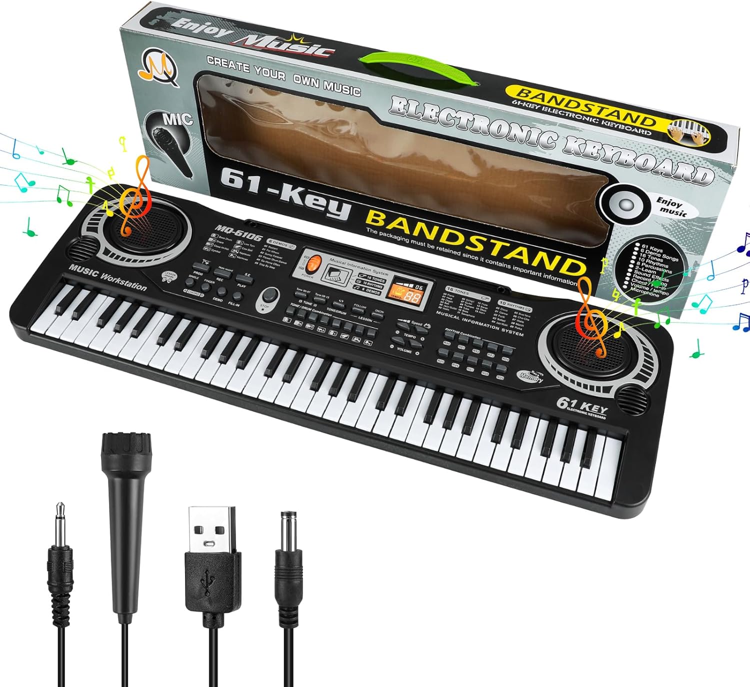 61 Key Piano Keyboard, Beginner Electronic Keyboard for Kids with Teaching Mode, 6 Demo Songs, 16 Tones, Microphone and Power Supply, Kids Piano Keyboard for Birthday Gift
