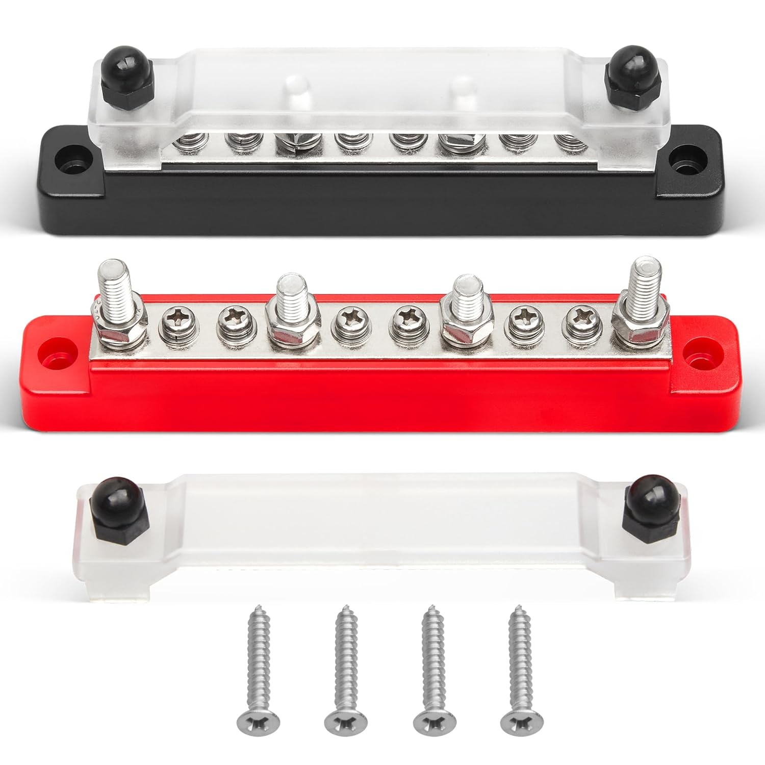 RED WOLF 150A 12V Bus Bar with Cover, 4 x 1/4" (M6) 6 x #8 (M4) Studs Power Distribution Terminal Block 48V DC Car Boat Marine Solar System (Black+Red)