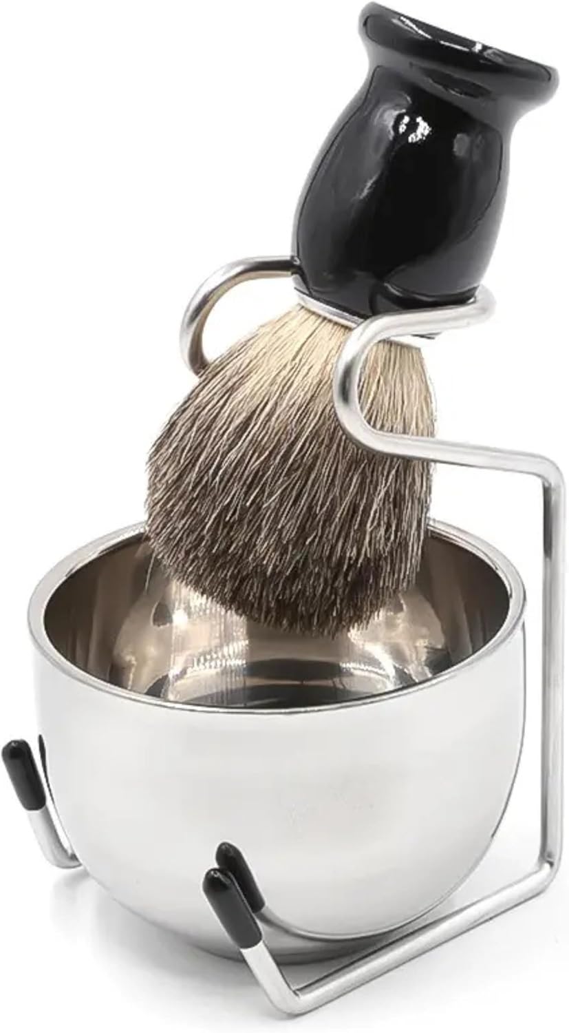 Shaving Set for Men contains Shaving Brush, Shaving Stand & Shaving Bowl for Salon, Barber, Home and Travelling- Shaving Kit Gift for Him, Husband, Boyfriend, Father (3 pieces) (Resin) (Black)