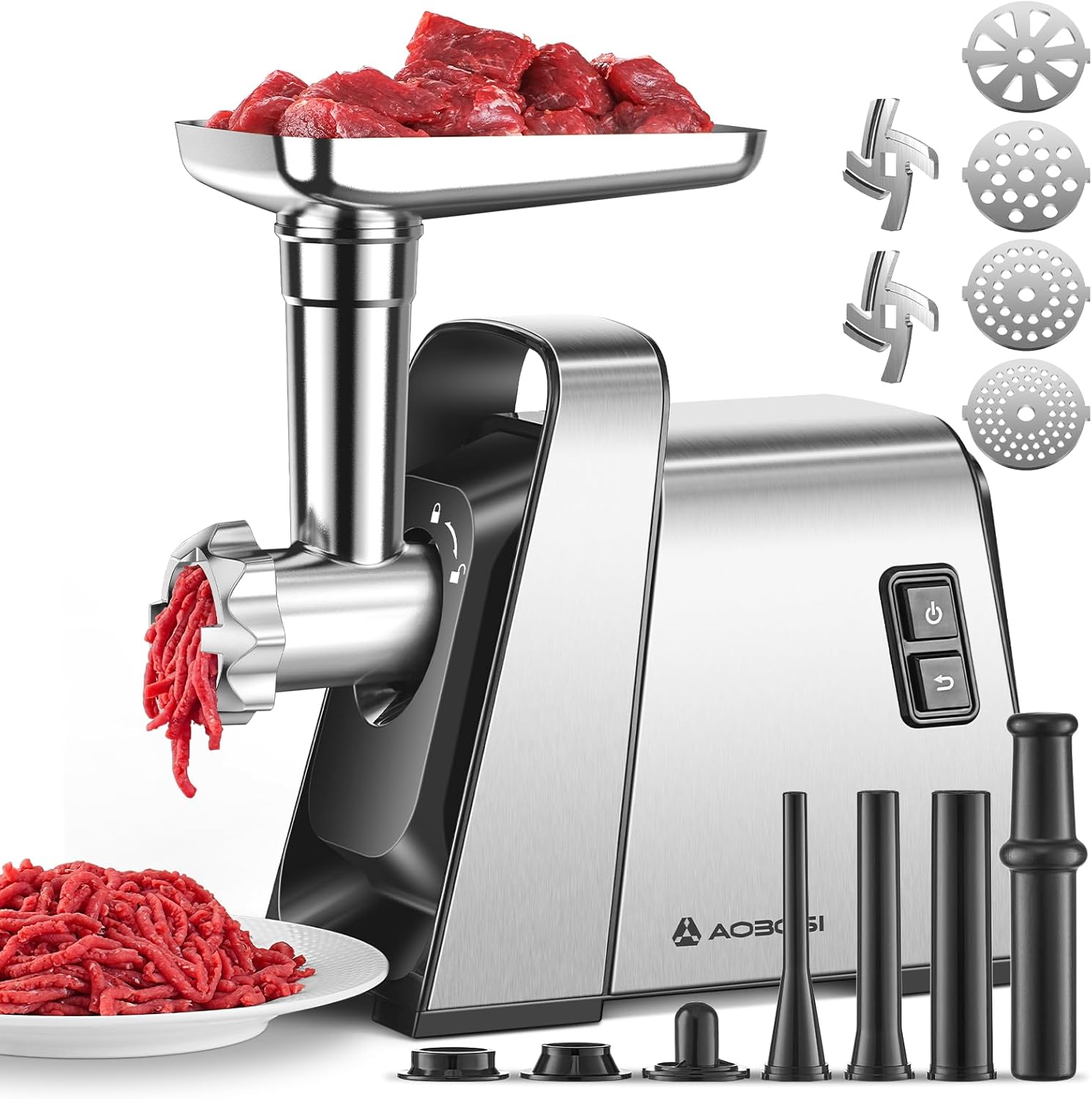 AAOBOSI 3000W Electric Meat Grinder, Electric Meat Mincer Machine with 2 Stainless Steel Blades & 4 Grinding Plates, Sausage Maker & Kibbe Kit for Home Use, Sliver