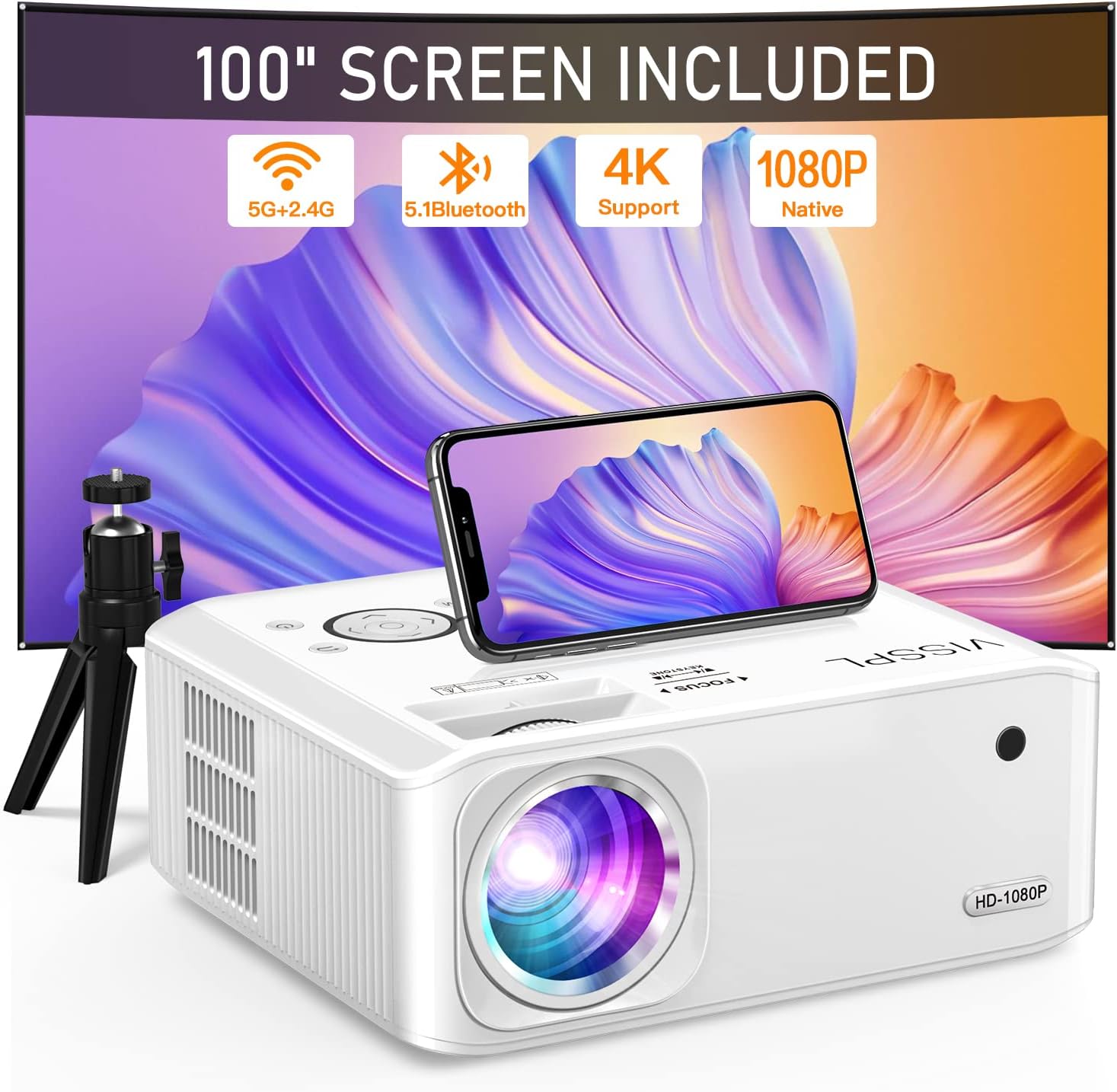 [Electric Keystone 6D/4P] Projector 4K, 5G WiFi Bluetooth Projector 18000L, VISSPL Native 1080P Outdoor Projectors with PPT, Zoom and Tripod, Projectors for TV Stick/iOS/Android