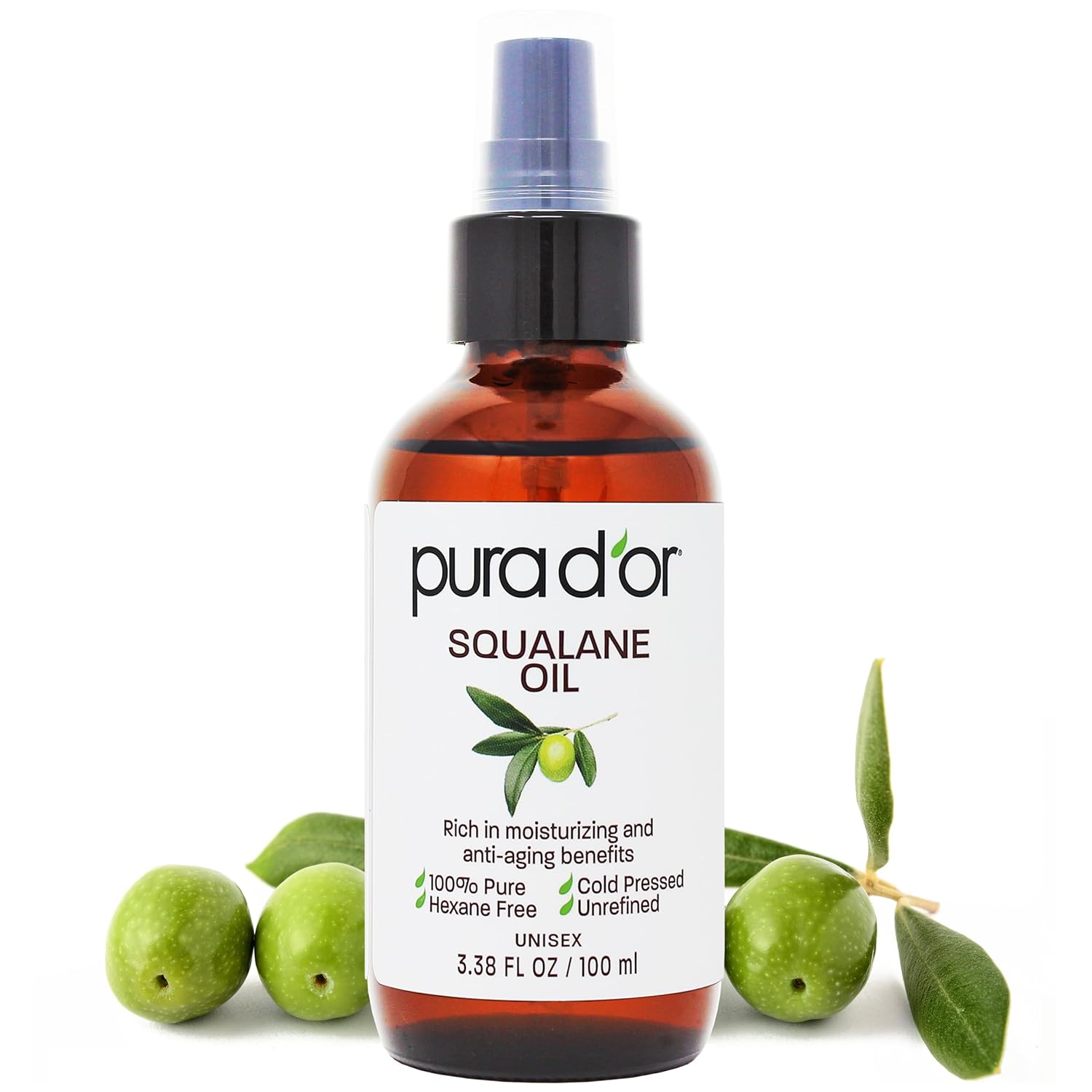 PURA D'OR 3.38 Oz Squalane Oil - Non-GMO 100% Pure & Natural - Moisturizer For Face, Hair And Body - Vegan, Cruelty-Free with Anti-Aging Benefits - Men & Women - Travel Size, Ayurvedic Skin Care