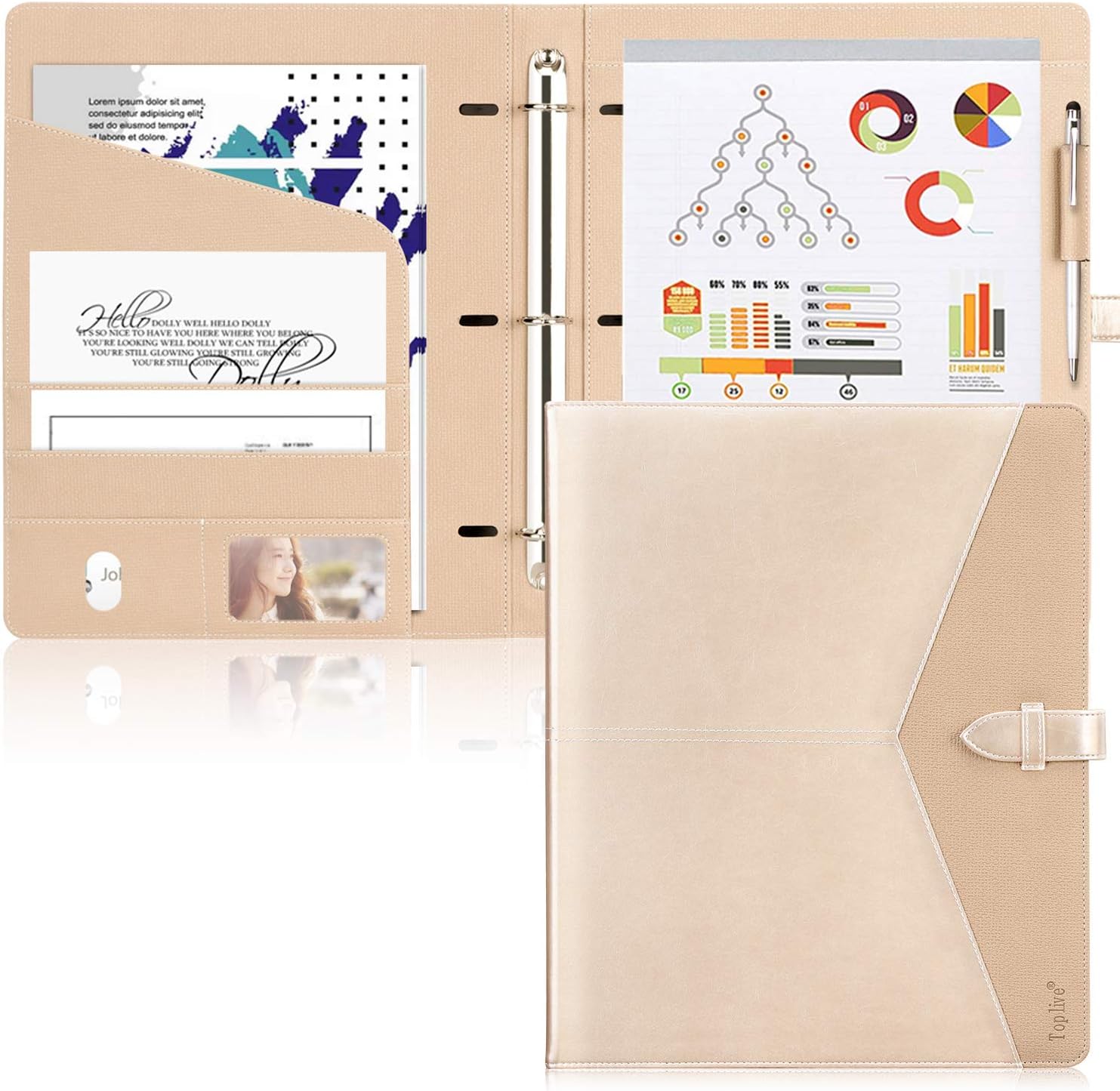 Toplive Padfolio 3 Ring Binder Organizer Business Portfolio Folder for Women, A4/ Letter Size PU Leather Portfolio Padfolio for Interview Conference Presentation, Gold