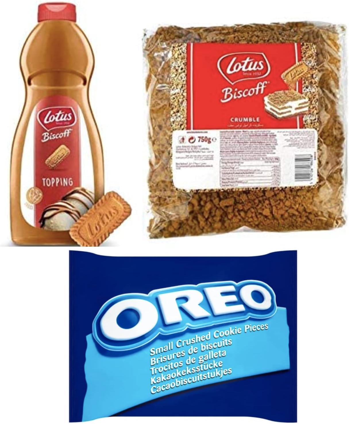 Lotus Biscoff Topping Sauce 1kg Squeezy Bottle and Lotus Biscoff Crushed Crumbs 750g Oreo Vanilla Crumb 400g Ultimate Dessert Combo Bundle