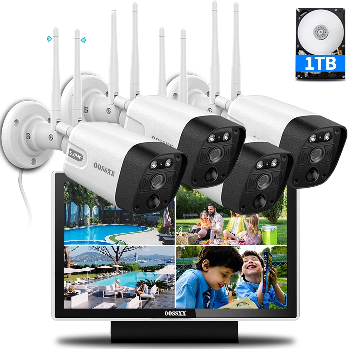 All-in-One 5.0MP PIR Detection 2-Way Audio Dual Antennas Outdoor Security Camera System Wireless with Monitor WiFi Home Security Cameras System Video Surveillance