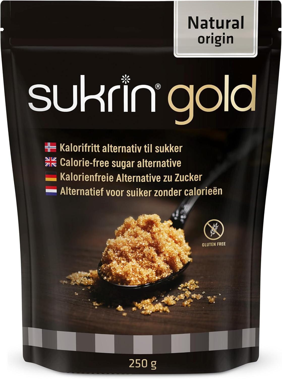 SUKRIN GOLD 250g Natural Sweetener - Sugar Free Brown Sugar Substitute, Delicious Zero Calorie Granulated Erythritol & Stevia Sweetener, Gluten Free Vegan Keto Sweeteners for Tea and Coffee, Baking