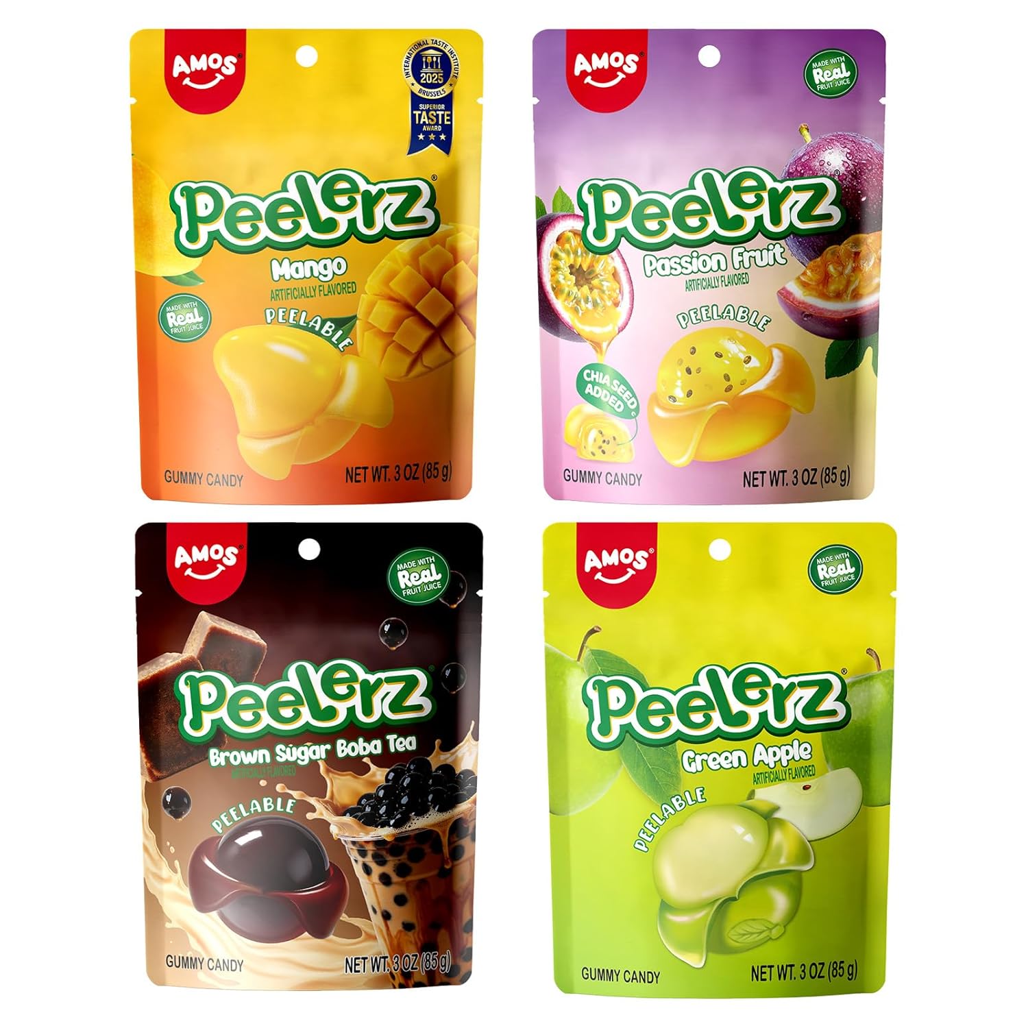 AMOS Peelerz Peelable Gummy Candy Bundle, Mango Green Apple Cherry Passion Fruit Flavors, Fruit Gummy Variety Pack, 4 Pack