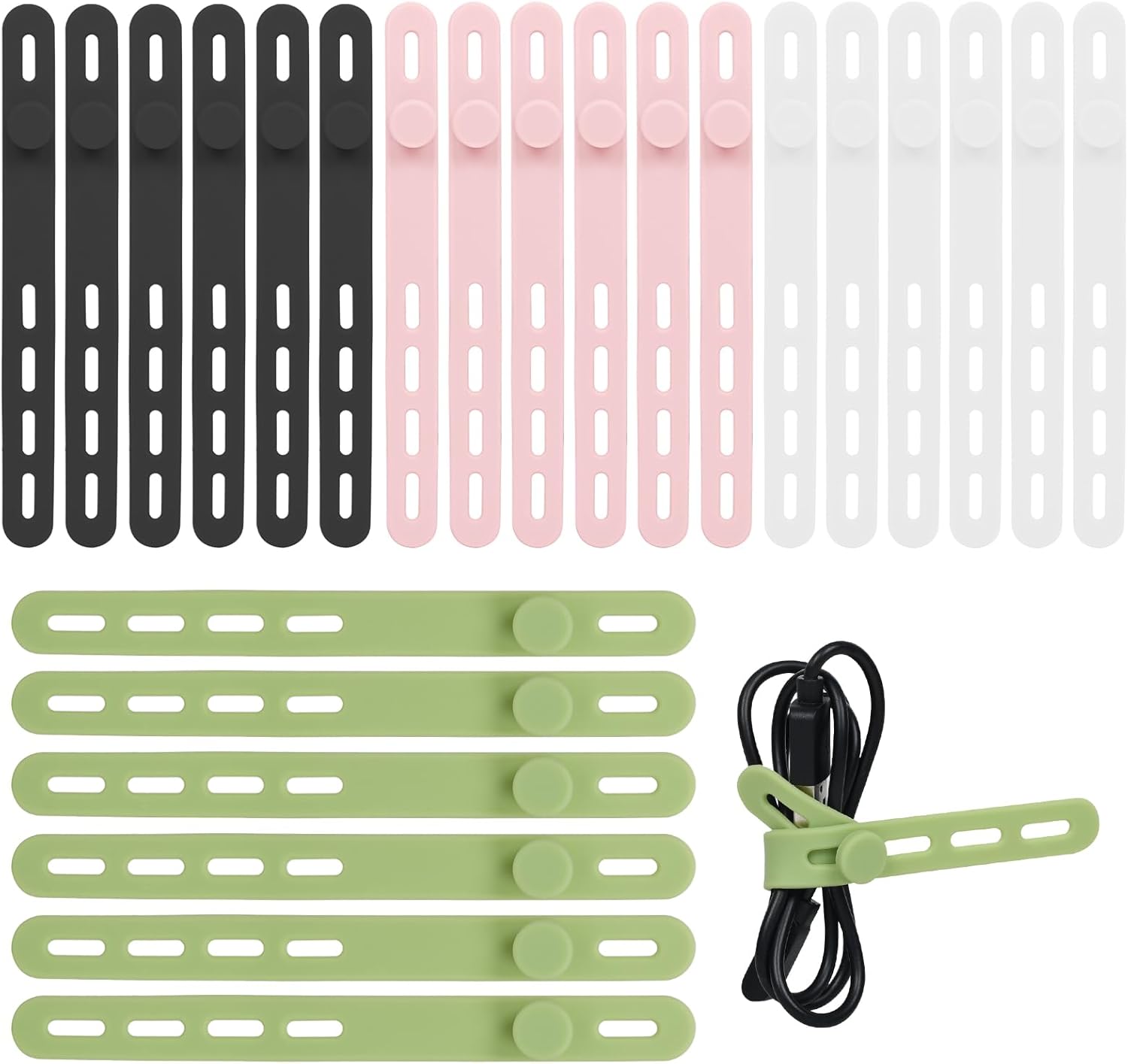 Donruby 24Pcs Silicone Cable Ties - Reusable & Washable with Locking Buckle Design, Adjustable Fastening Cable Straps, Multi-Purpose High Elasticity Cord Organizer (4 Colors)