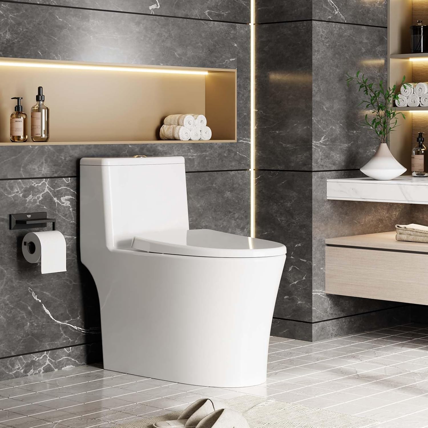 One Piece Toilet, Elongated Dual Flush 0.8/1.28 GPF Toilet, Powerful Top Flush with Comfortable Seat Height & Soft Closing Seat, Quiet Modern Toilet for Bathroom, White