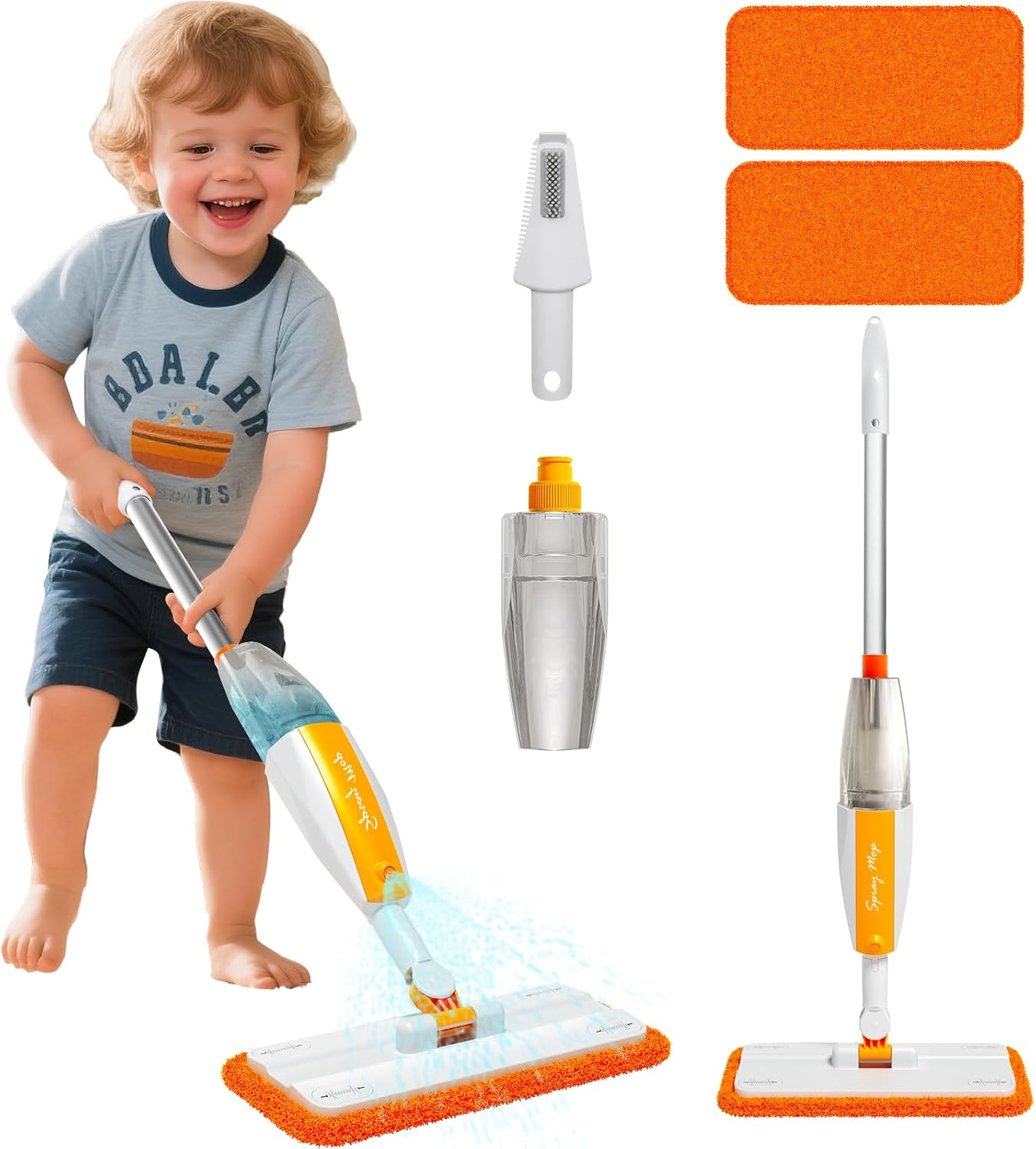 Kids Spray Mop - Toddler Cleaning Set Includes Kids Mop with Real Water Sprayer, Microfiber Pads & Scraper - Pretend Play Montessori Housekeeping Toys Gifts for Toddlers Kids Girls Boys Aged 4+