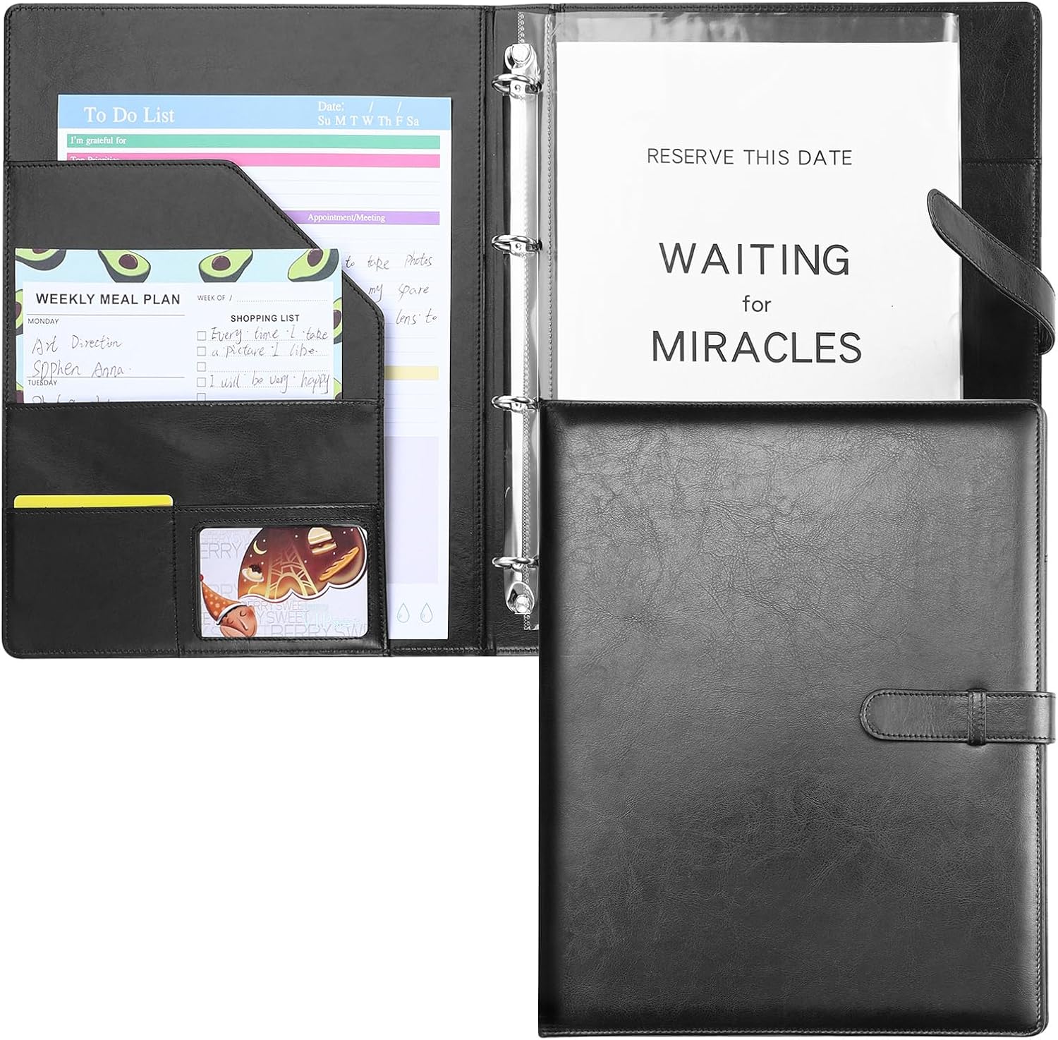 A4 Portfolio Folder with Ring Binder, Document Folder with 45 Plastic Sleeves Faux Leather Conference Folder for Business Organizer Interview and Meeting (Black)