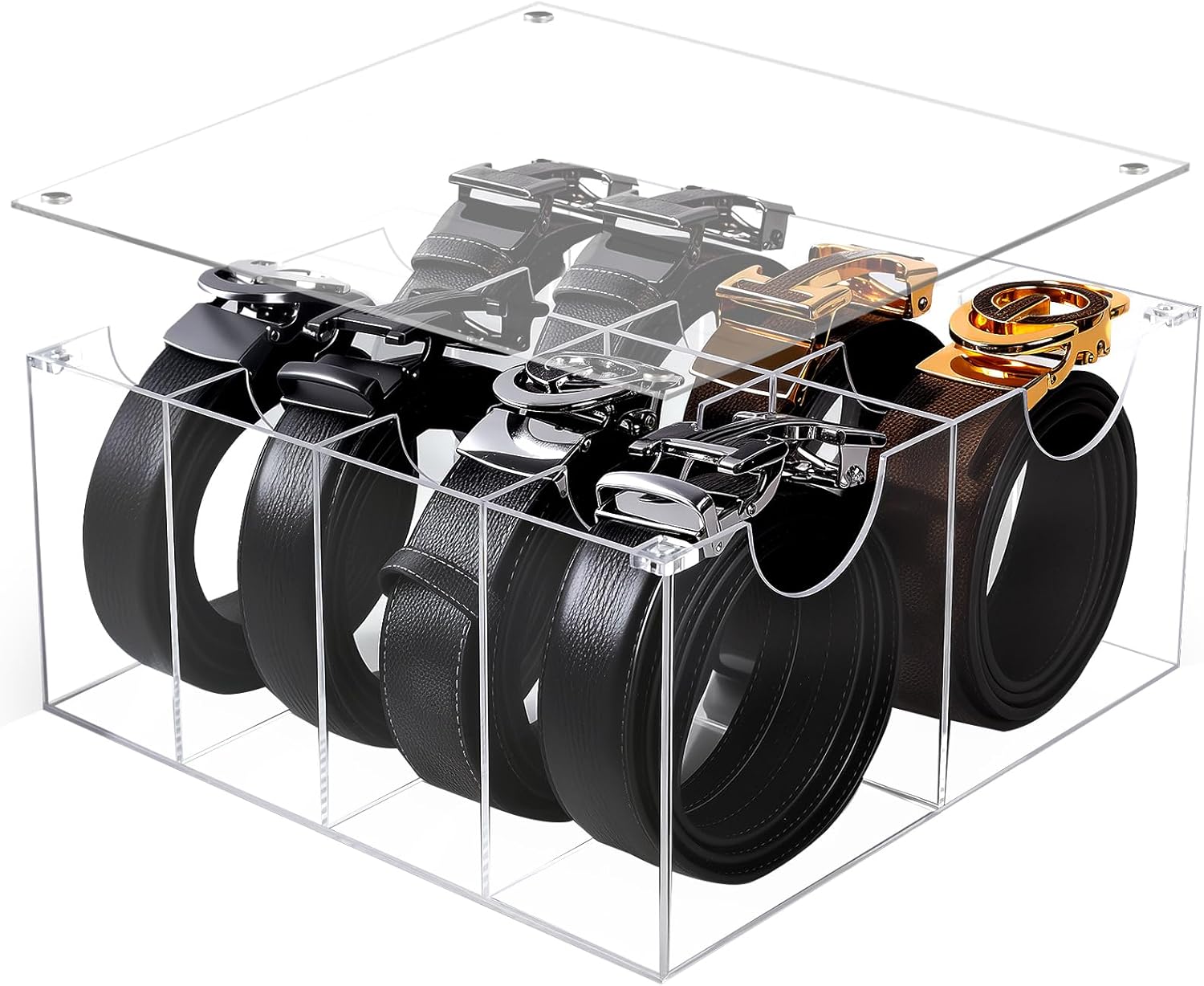 Belt Organizer With Dust cover, Acrylic 8 Compartments Belt Container Storage Box , Multi-Purpose Transparent Belt Display Box, Belt Storage Case, Suitable Closets, Wardrobes, Drawers bracelet Jewelry