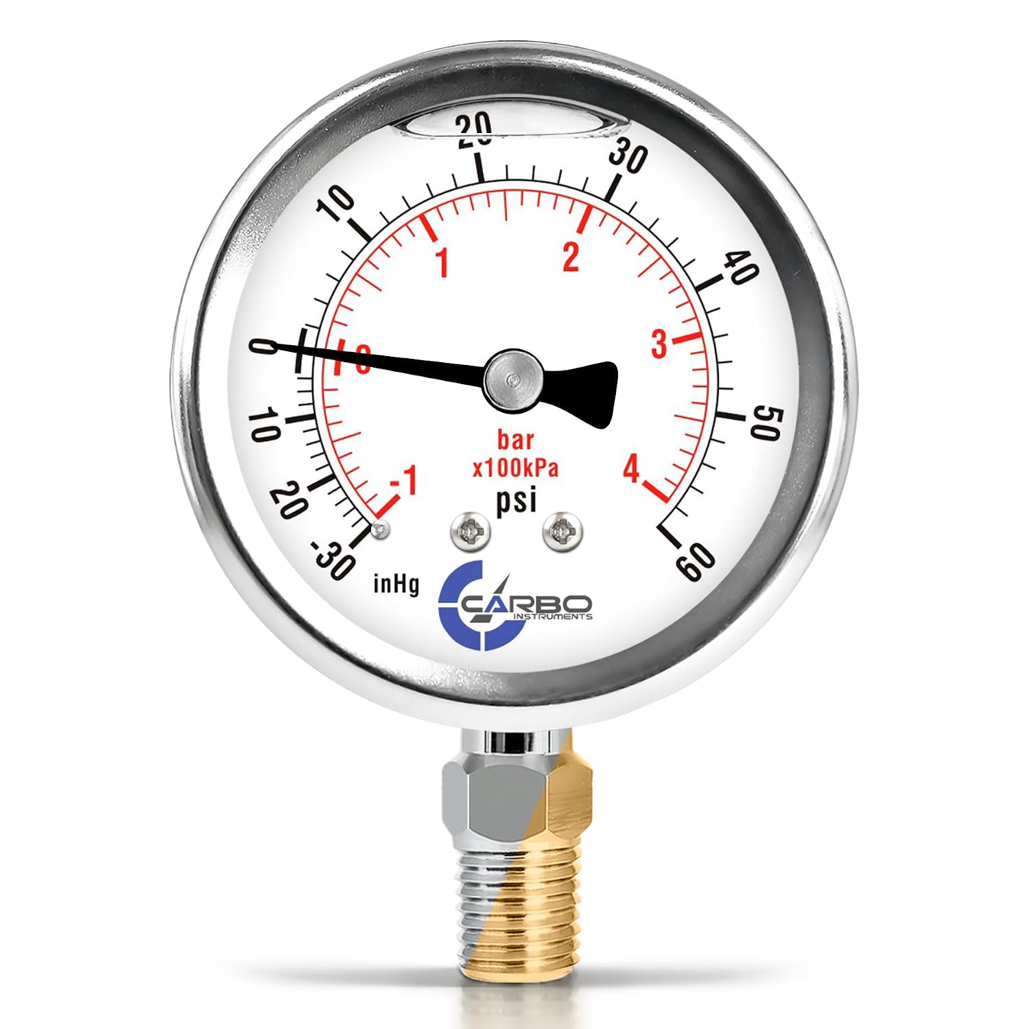 Compound Pressure Gauge -30 inHg to 60 PSI, Liquid Filled, 2.5" Dial, 1/4 NPT Lower Mount, 304 Stainless Steel Case, Brass Wetted Parts, PSI/inHg - ASME B40.1 Grade A