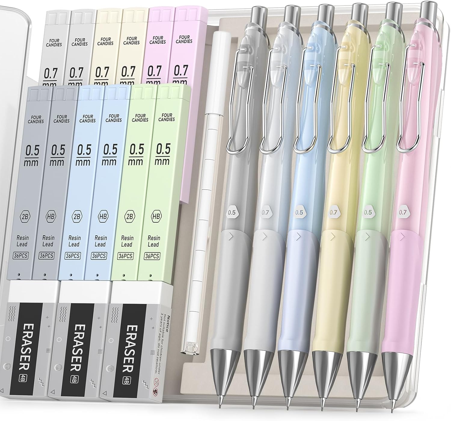 Four Candies Pastel Mechanical Pencil Set 6PCS 0.5 & 0.7 mm Cute Mechanical Pencils with 12 Tubes HB 2B Lead Refills, 3 Erasers, 9 Eraser Refills, Metal Clip For School Drawing Sketching 6 Colors