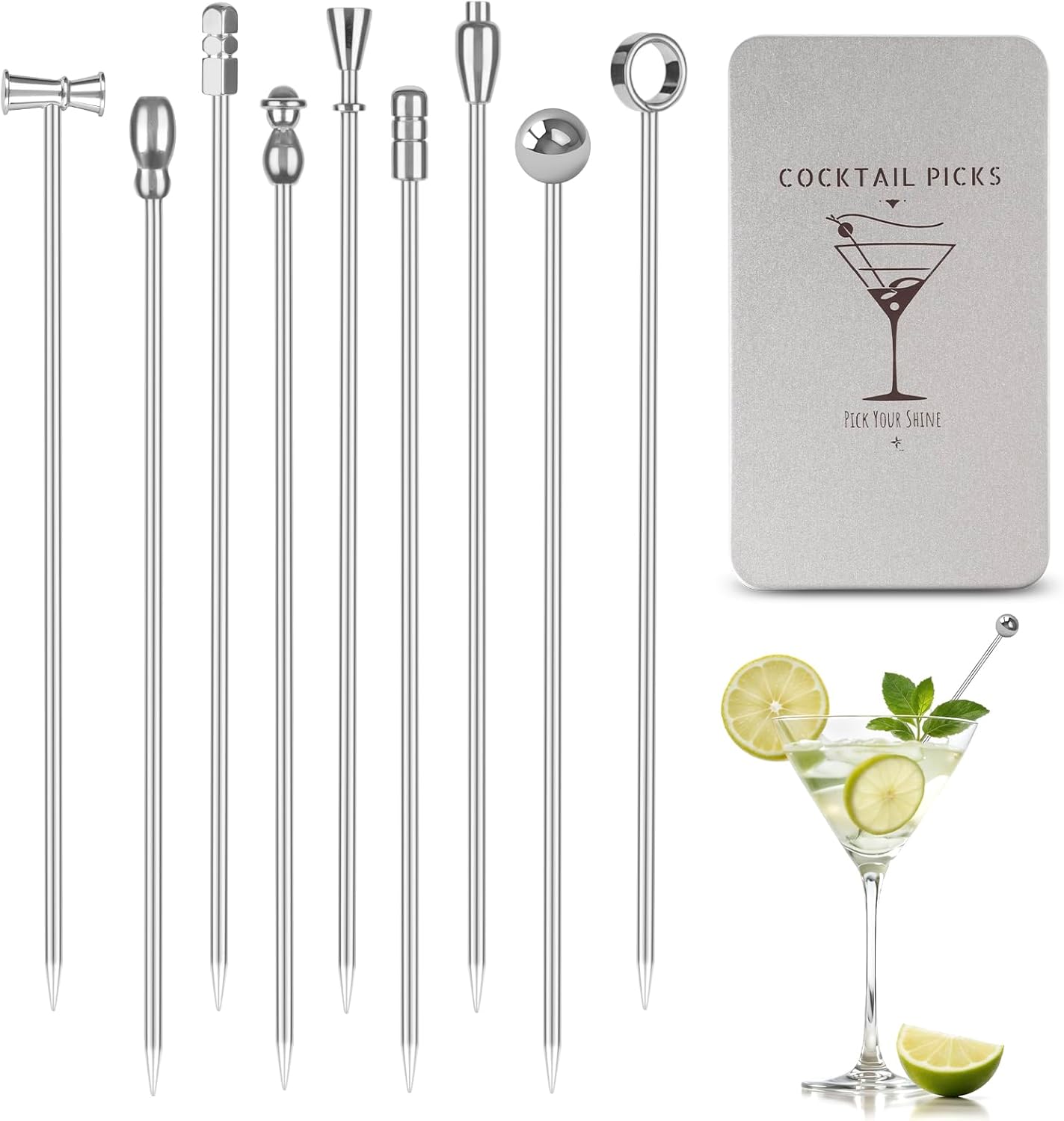 Metal Martini Cocktail Picks 9 Pcs, 4.1 in Olive Skewers Stainless Steel, Martini Garnish Sticks Reusable, Metal Toothpicks for Drinks, Appetizers, Bar Accessories Supplies for Bartenders - Sliver