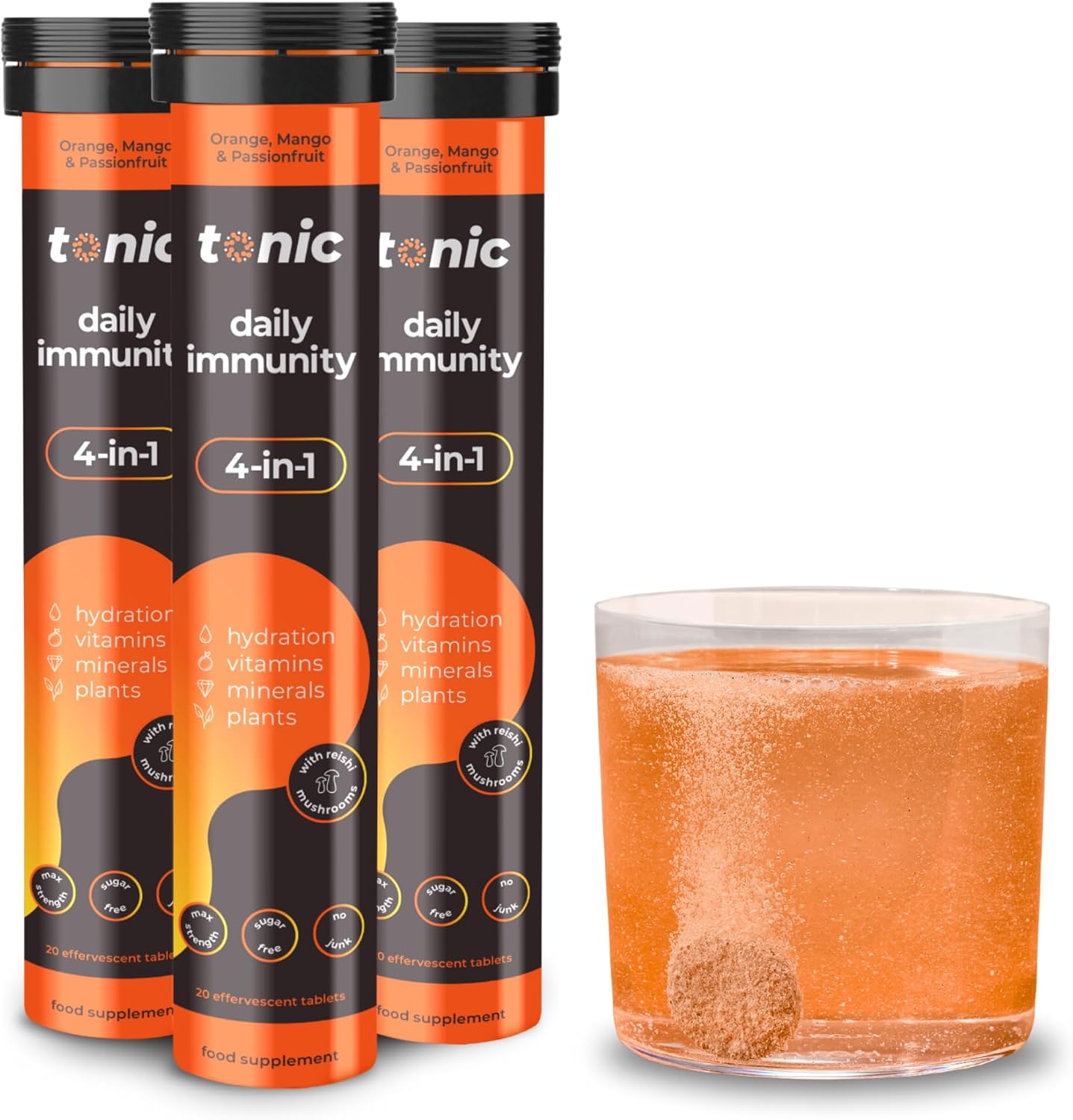 Tonic Health Daily Immunity Tablets - 4-in-1 Effervescent Multivitamins, Minerals & Phytonutrients - Vitamin D, Vitamin C and Zinc - Vegan, No Sugar- Max Strength Tablets, Orange & Mango, 60 Count