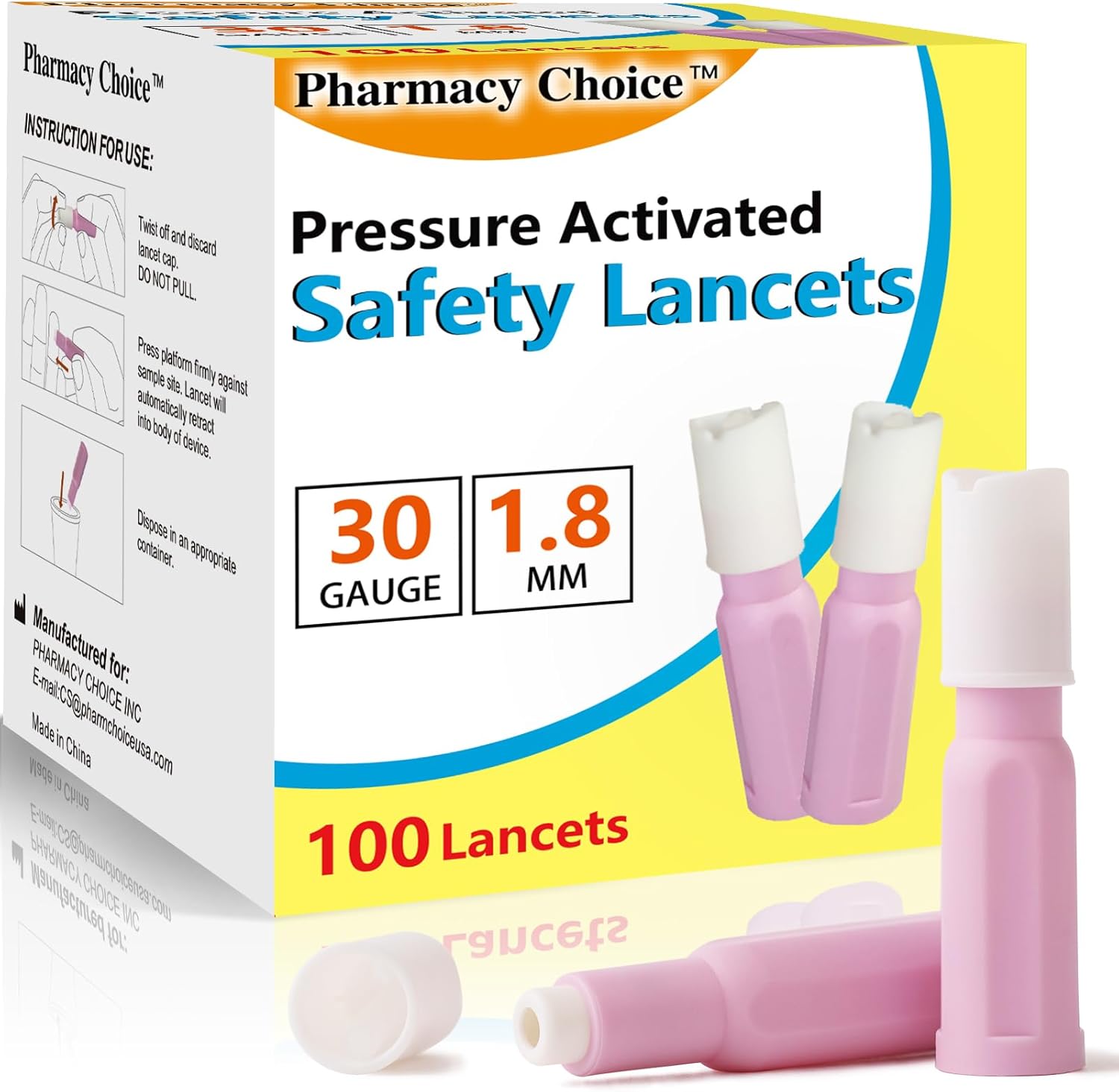 Safety Lancets, Sterile, Top Push Button Activated, Single-Use,1.8 mm, 100 Count, 1 Pack (30G x 1.8 mm)