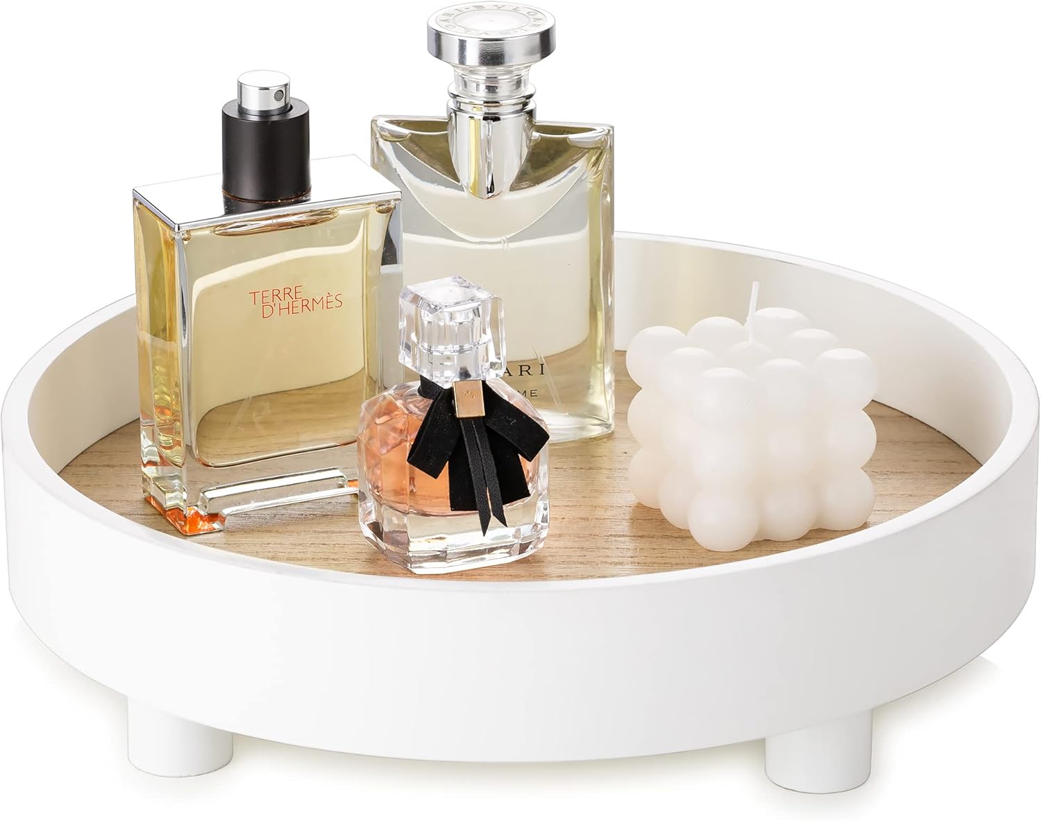 Hanobe Round Decorative Vanity Tray: White Bathroom Perfume Trays Circle Pedestal Stand Wood Riser for Display Decor Dresser