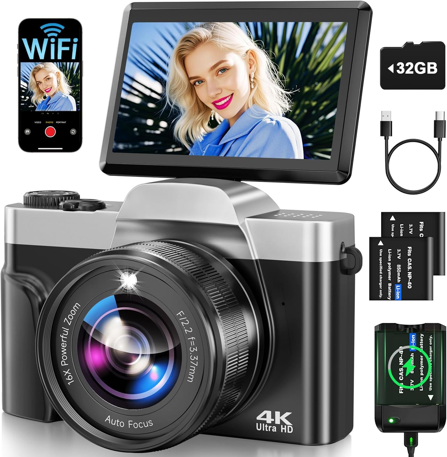 Digital Camera with WiFi, 4K 64MP Autofocus Vlogging Camera for YouTube with SD Card 3.0" 180° Flip Screen 16X Digital Zoom Anti-Shake Charging Station, 2 * Batteries for Teenagers, Beginners, Adults