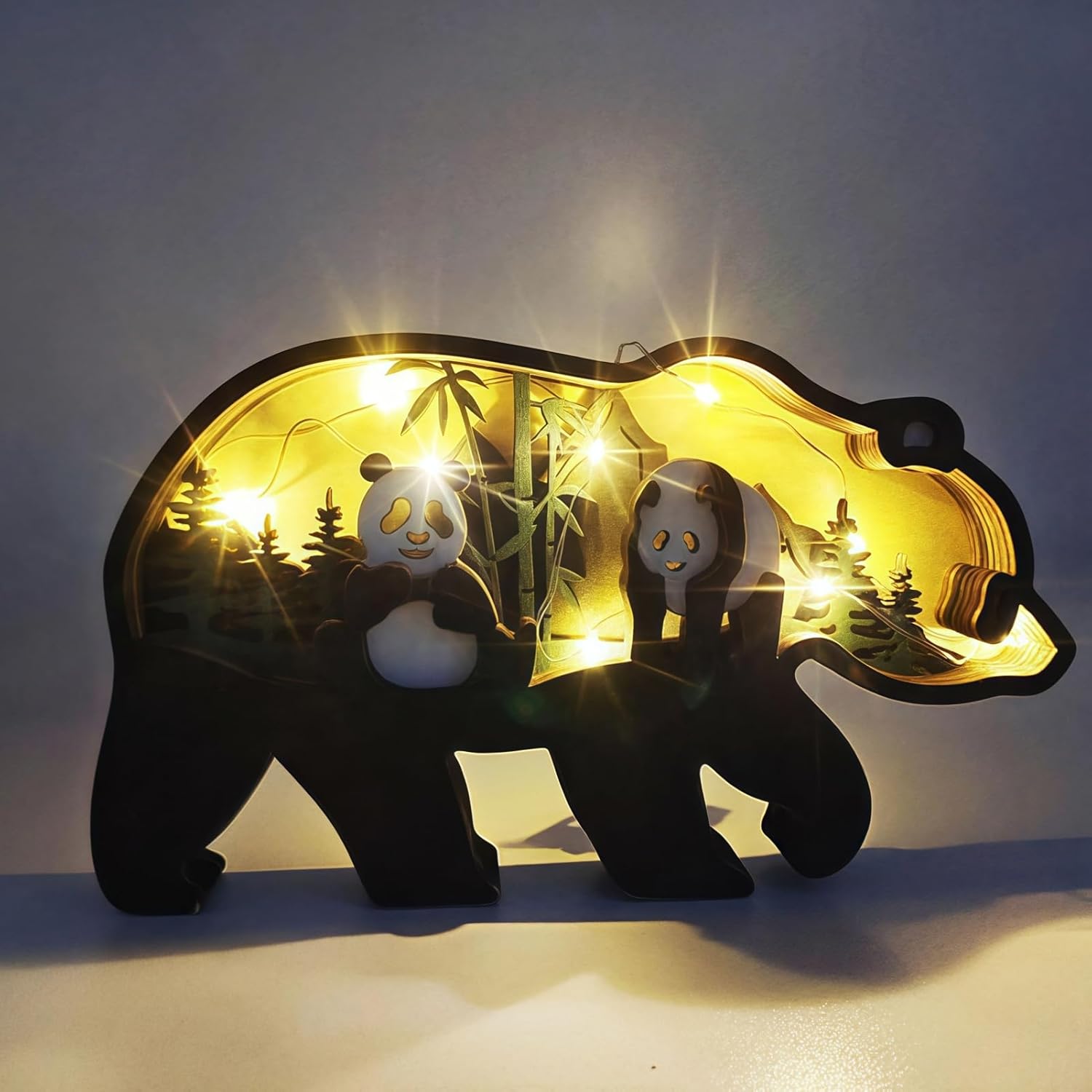 Drawelry 3D Wood Carving Animals Lamp Home Decorative, Cute Bear Family Elephant Presents Ideas Christmas Living Room Office Decor Warm LED Night Lights Gift for Friend Daughter Son Mom Dad (Panda)