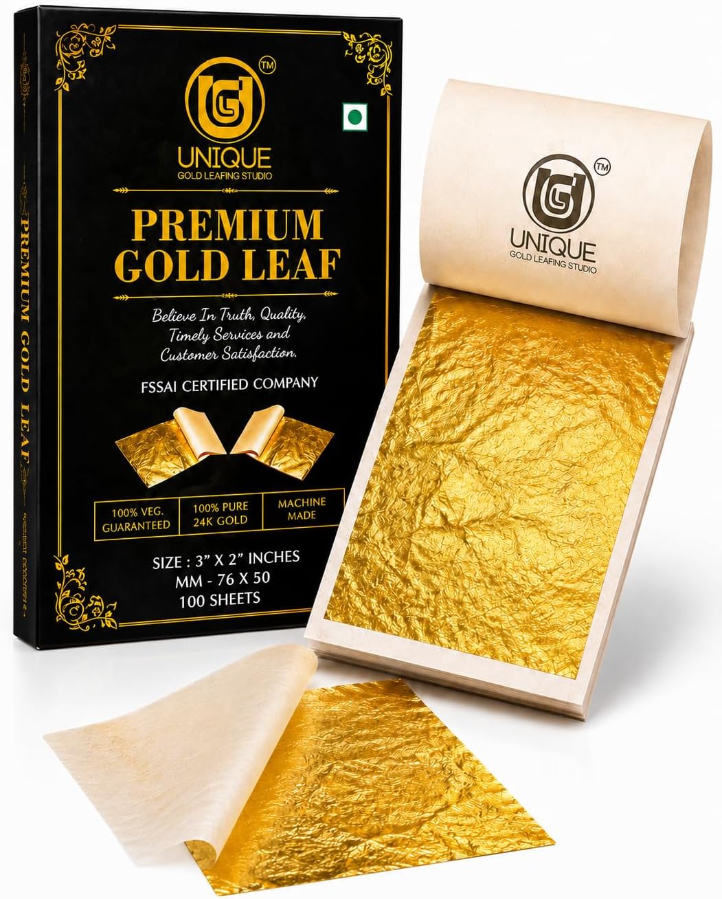 UGLS 22K Gold Leaf Sheets 3 x 2 Inch for Cake Decoration, Desserts, Pastries, Chocolates, Facial Spa, Art & Crafts, DIY Crafts (25)