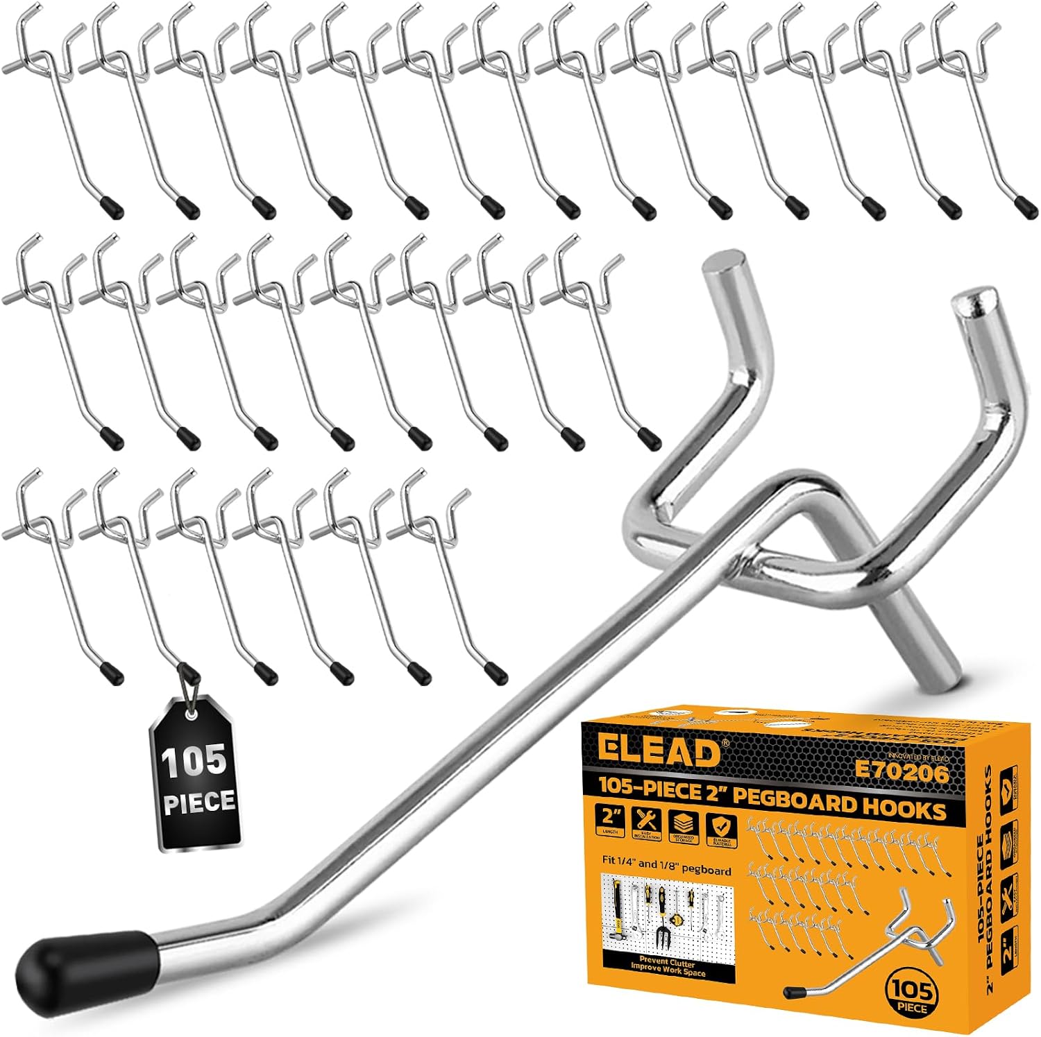 ELEAD 105-Piece 2 Inch Pegboard Hooks, Heavy Duty Peg Board Organizer Accessories, Peg Board Tool Hangers Fit for 1/4" and 1/8" Pegboard Hanging Tools Garage, Workshop, and Craft Storage