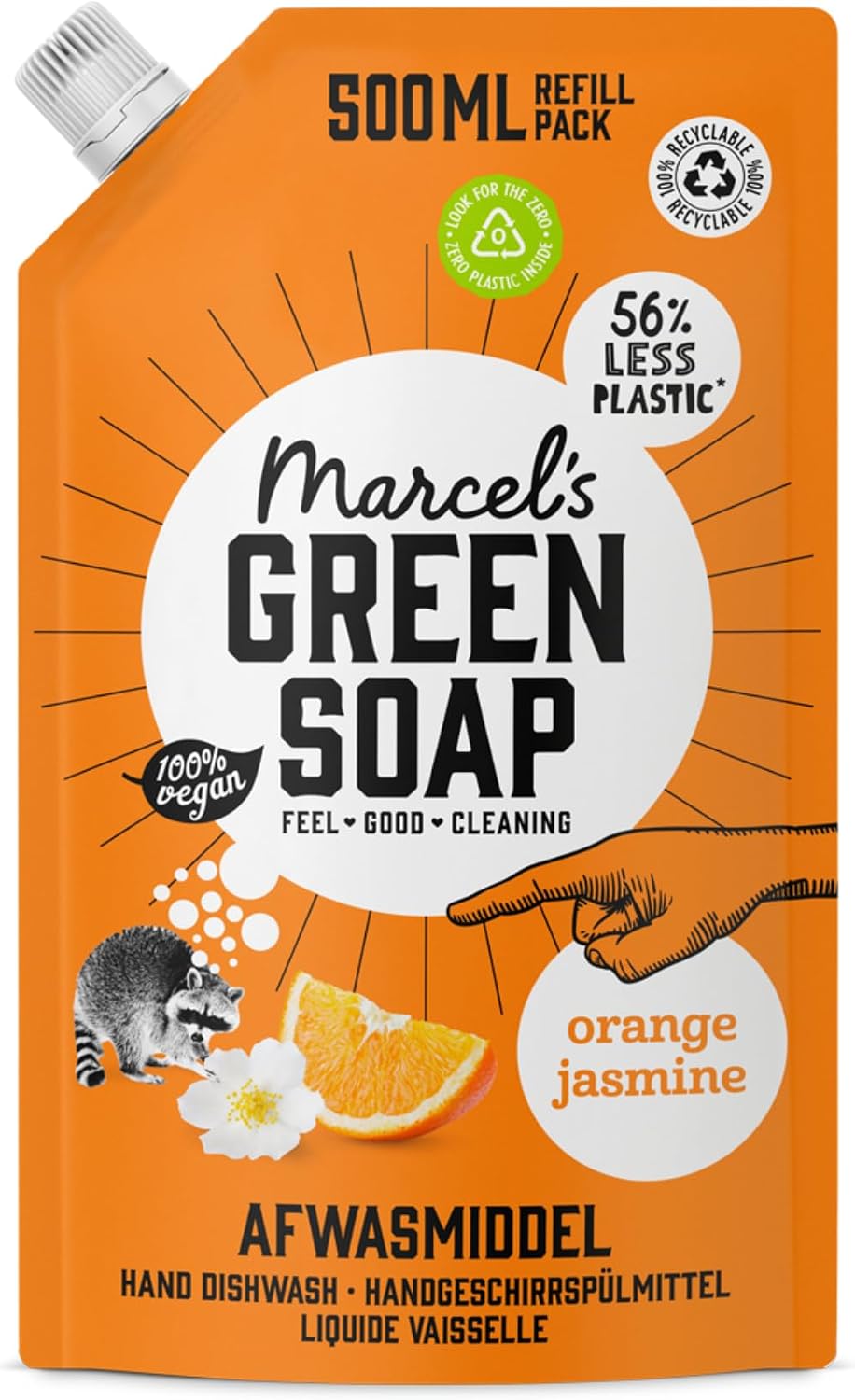 Marcel's Green Soap Washing-up Liquid Refill - Orange & Jasmine - Dishwashing Liquid - Saves 56% of plastic - Vegan - 97% Biodegradable - 500 ML