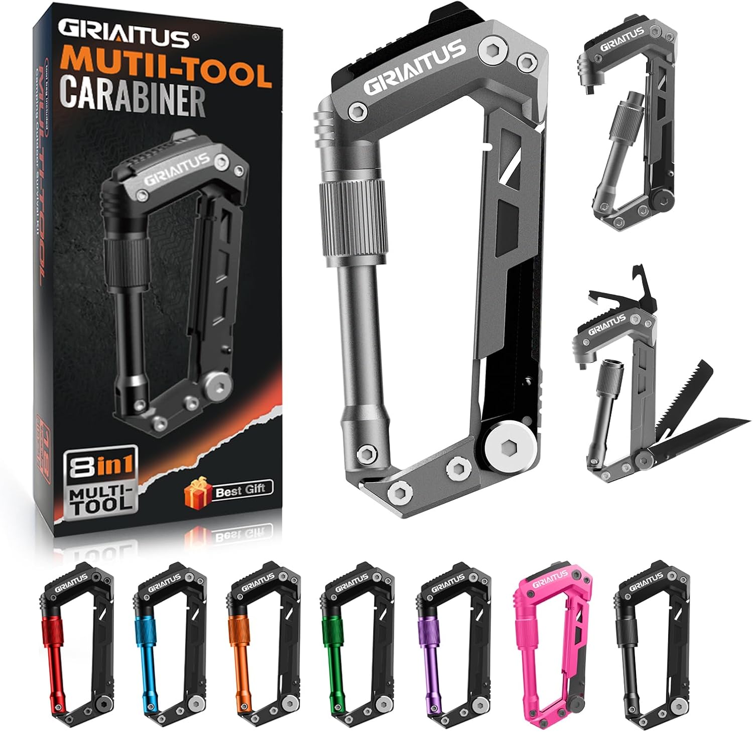 Carabiner Multitool with Pocket Knives, 8-in-1 EDC Carabiners, Gift for Men