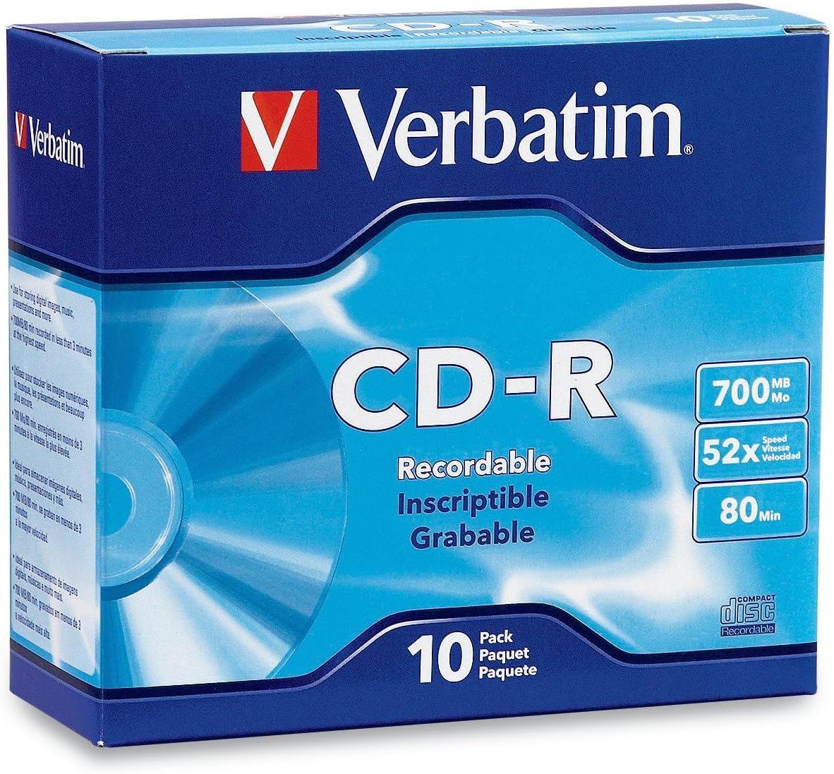 Verbatim CD-R Blank Discs 700MB 80-Minutes 52X Recordable Disc for Data and Music - 10 Pack Slim Cases