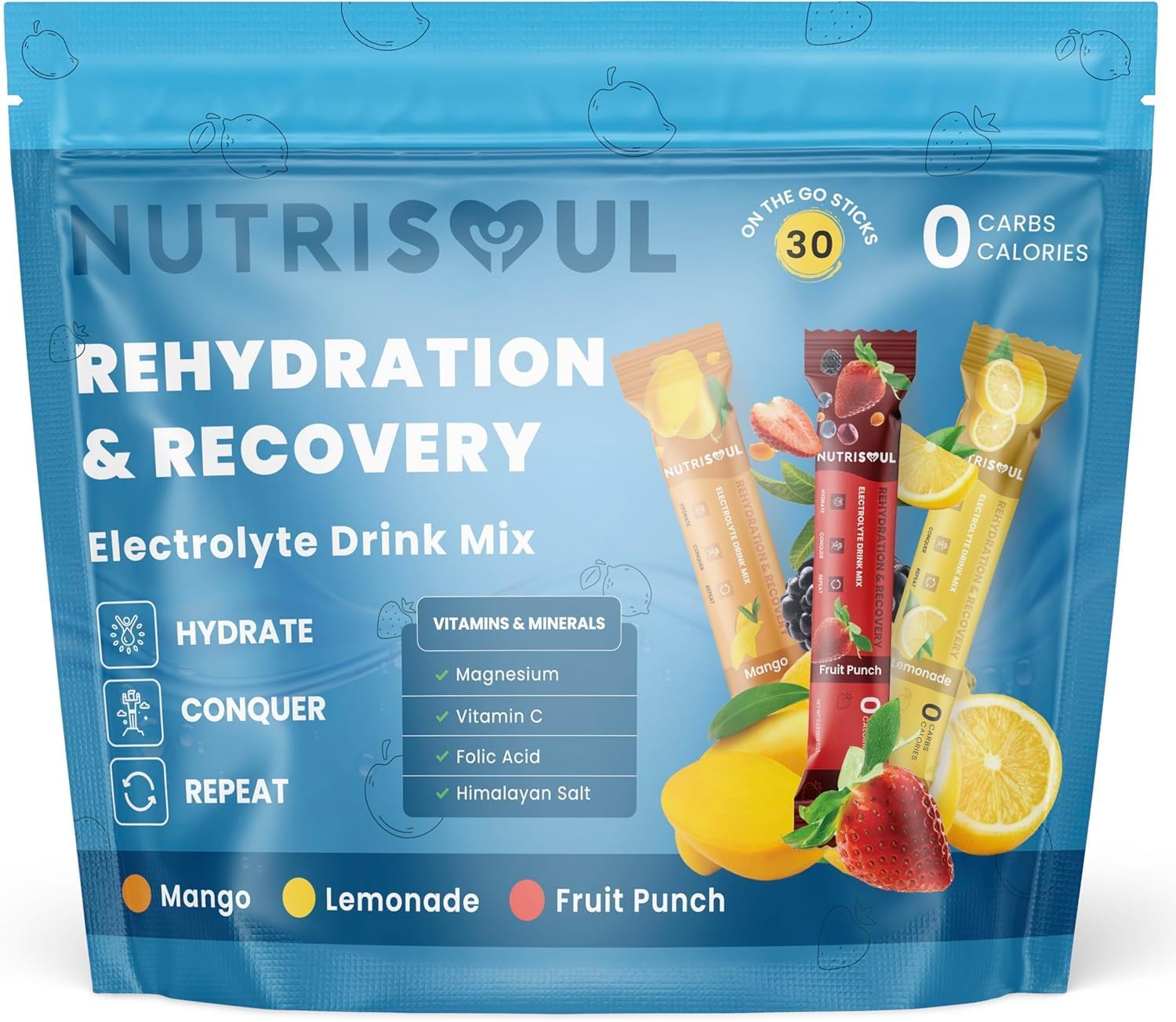 Rapid Rehydration Electrolytes Powder Pack - Zero Sugar Variety Drink Mix I 30 Stickpacks, Gluten Free, Vegan