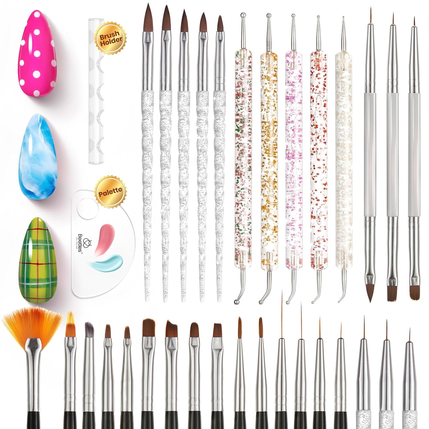 Beetles 31pcs Nail Art Brushes, Dotting Tools, Nail Art Pens, Dust Brush | Striping Liner Fingernail Drawing Pens with Palette Holder Metal Handle All in One for Starter Manicure Design Set
