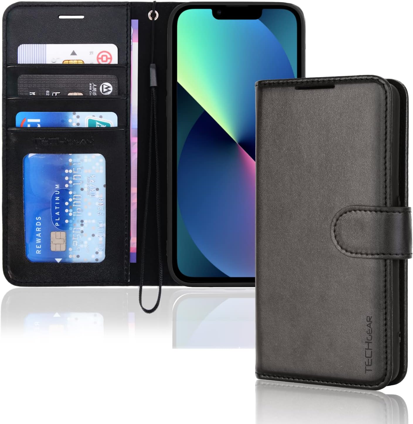 TECHGEAR iPhone 14 Plus Leather Wallet Case, Flip Protective Case Cover with Wallet Card Holder, Stand and Wrist Strap - Black PU Leather with Magnetic Closure Designed for iPhone 14 Plus 6.7"
