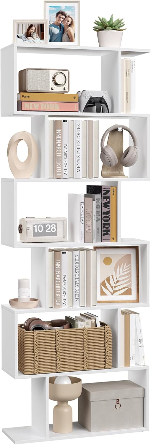VASAGLE Bookshelf, 6-Tier Bookcase, 24 x 70 x 191 cm, Room Divider, Cube Display Shelf, Freestanding Storage Shelf, Modern Style, for Living room, Bedroom, Office, Matte White LBC61WT