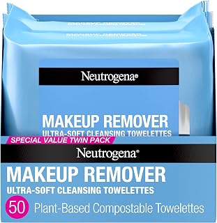 Neutrogena Makeup Remover Wipes, Ultra-Soft Cleansing Facial Towelettes for Waterproof Makeup, Alcohol-Free, Plant-Based, 50 Count (2 Packs of 25)