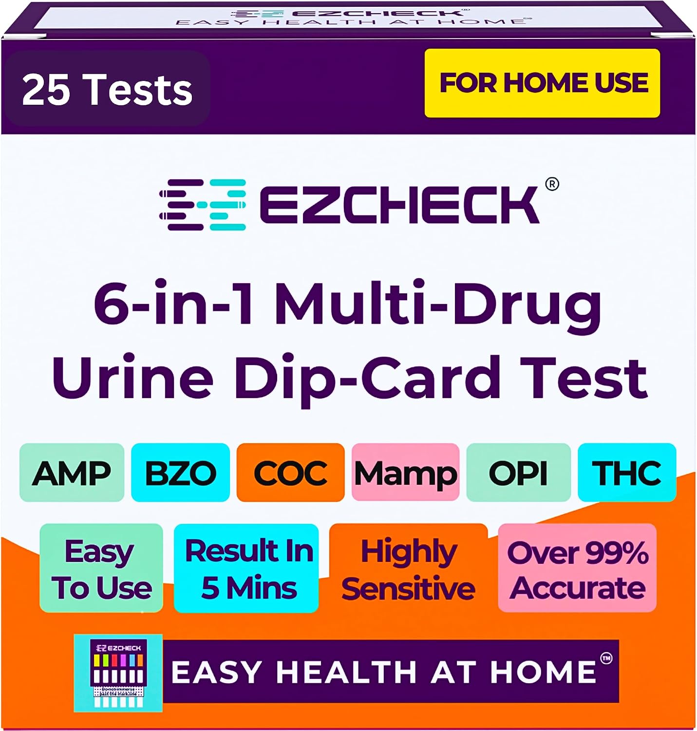 [25 Pack] EZCHECK® 6-Panel Drug Test - at-Home Rapid Urine Screening Kit for 6 Most Used Drugs: (THC-Marijuana, BZO-Benzos, MET-Meth, OPI/MOP-Opiates, AMP-Amphetamine, COC) - FSA/HSA Eligible