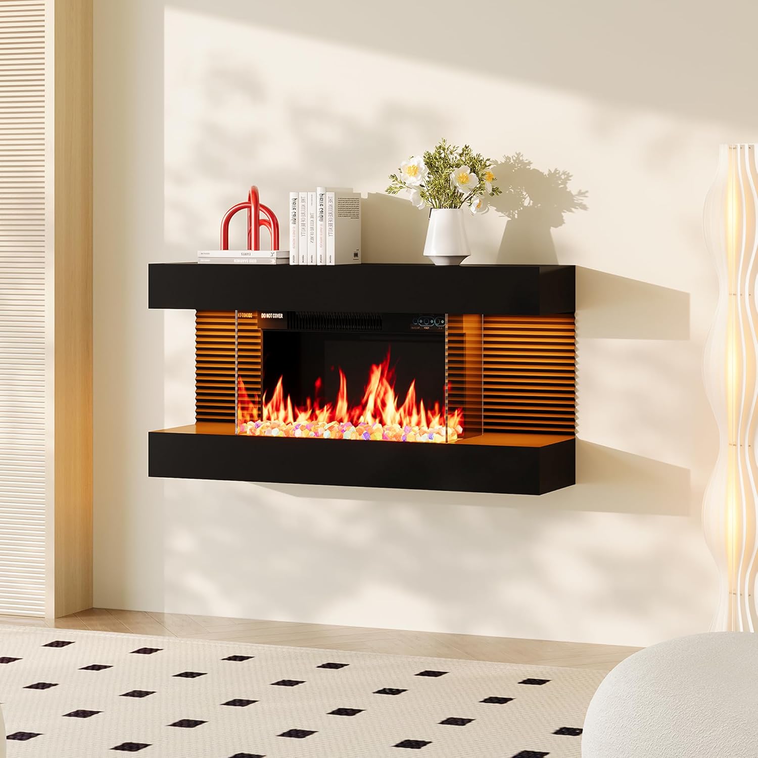 COCO DESIGN 18 Inch Wall Mounted Electric Fireplace with 32-Inch Floating Mantel, All-in-One Fireplace with Colored Crystal Stone, Multi Ambient Light Colors with Remote, 1500W Heater, Black