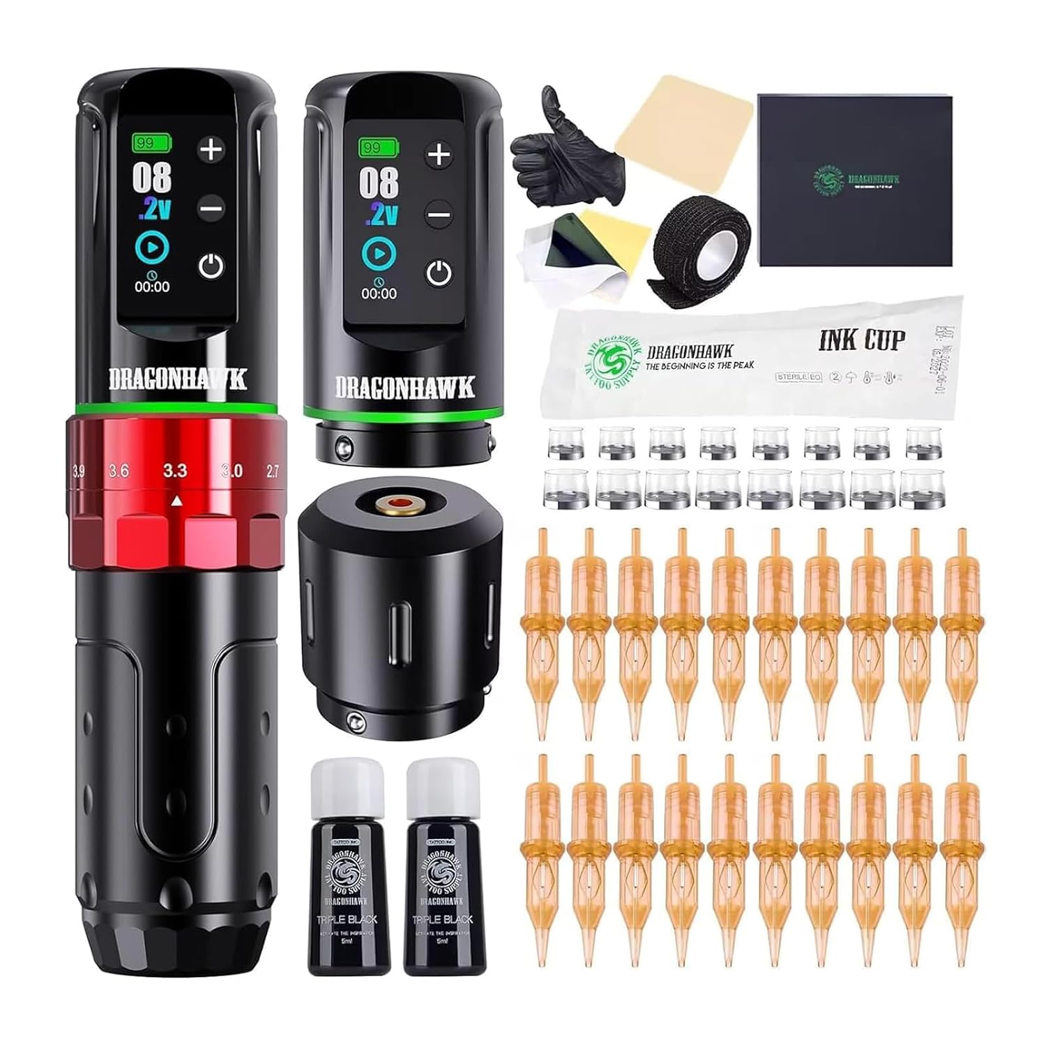 Dragonhawk L3 Red Wireless Tattoo Kit | Complete Set with Dual 2000mAh Batteries, 7 Strokes 2.4-4.2mm, Mcore Motor, Cartridge Needles, RCA Backup, for Beginners