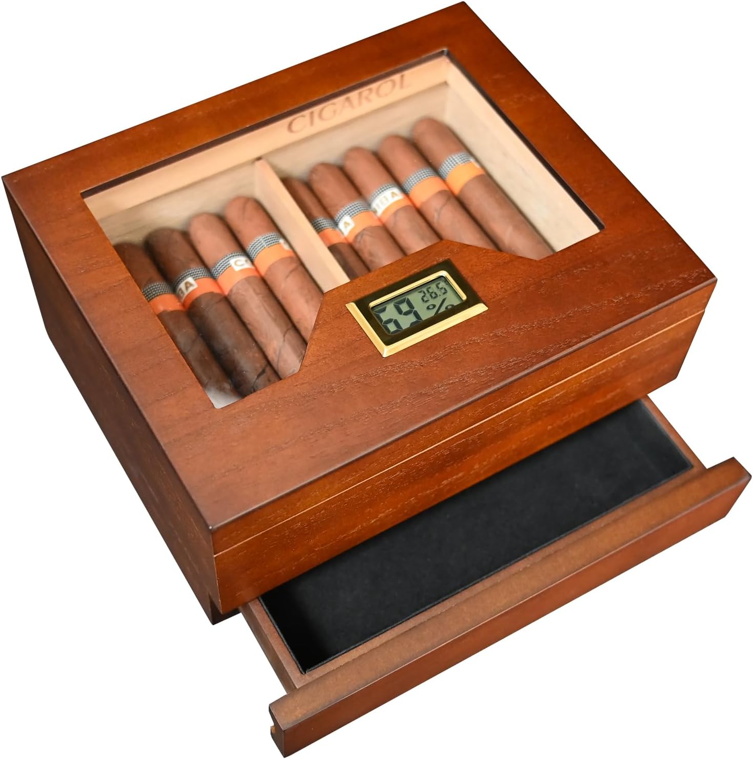Volenx Cigar Humidor, Handmade Cigar Humidor with Hygrometer and Humidifier, Cedar Wood Humidor Accessory with Drawer for 25-30 Cigars (Matte Brown)
