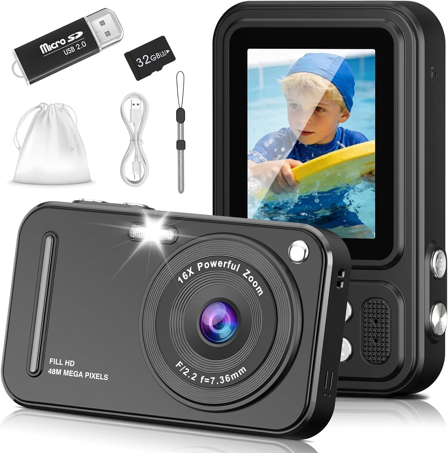 Digital Camera for Kids, 48MP FHD 1080P Point and Shoot Digital Cameras with 16X Zoom Anti-Shake, Compact Portable Cameras for Photography, for Boys Girls Teens Beginners