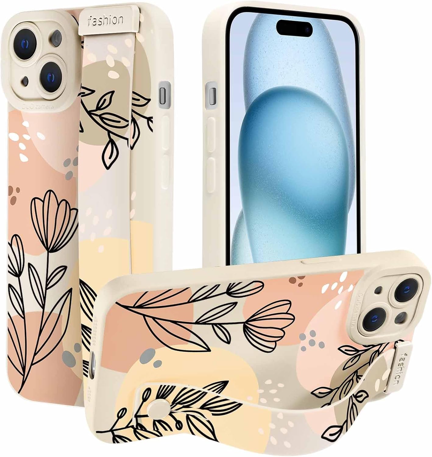 Foonary Geometric Black Phone Case for iPhone 15 6.1" with Wrist Strap Stand,Cute Aesthetic Patterns Cases, Hand Holder Protective Cover for Women Girls with Finger Grip,for iPhone 15