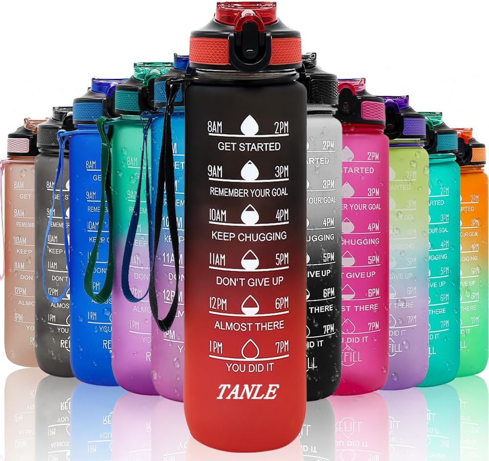 32oz Sports Water Bottle Outdoor, with Drinking Time and Capacity Labels, Sport Water Cups with Straw,BPA Free Leak Proof,for Fitness Gym Running Climbing(32oz Black red)