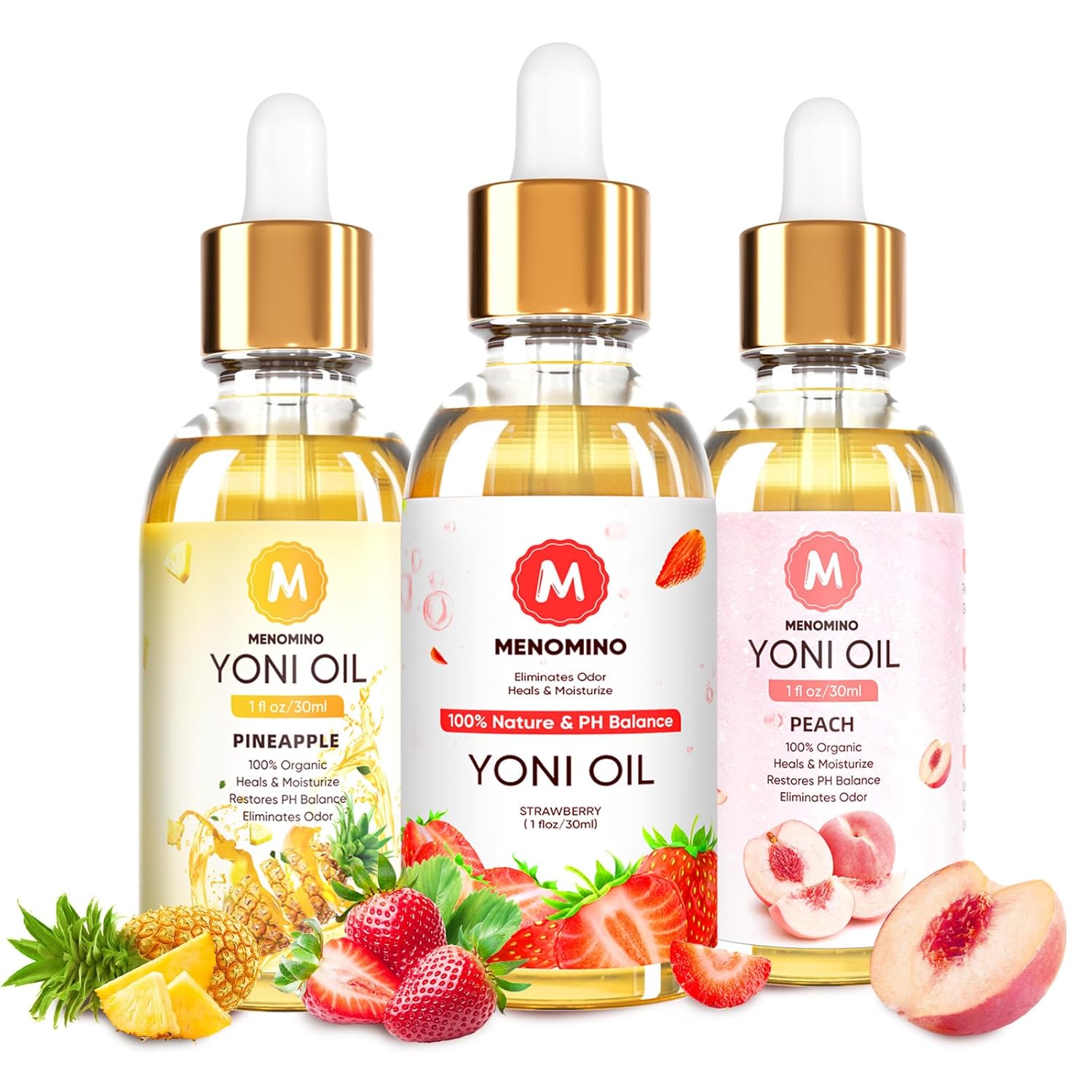 3 Pack Yoni Oil Feminine Oil for Women pH Balance - Feminine Deodorant - Vaginal Moisturizer - Eliminates Odor with Pineapple Peach Strawberry Essential Oil, Natural Yoni Essential Oil, 1 fl oz/pc