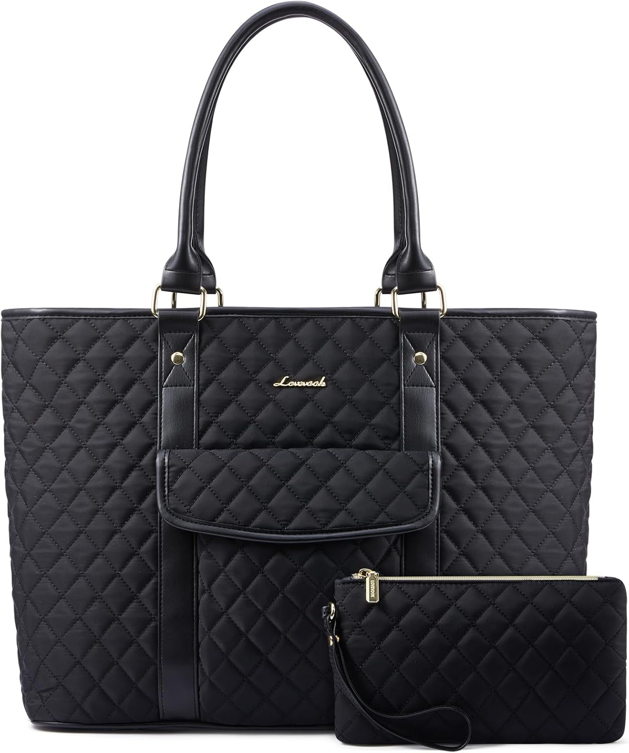 LOVEVOOK Laptop Bag for Women with Cup Holder，Waterproof Work Tote Fits for 15.6 Inch Computer,Quilted Laptop Tote Bag Features a Luggage Sleeve for Easy Carrying.Professional Laptop Purse in Black