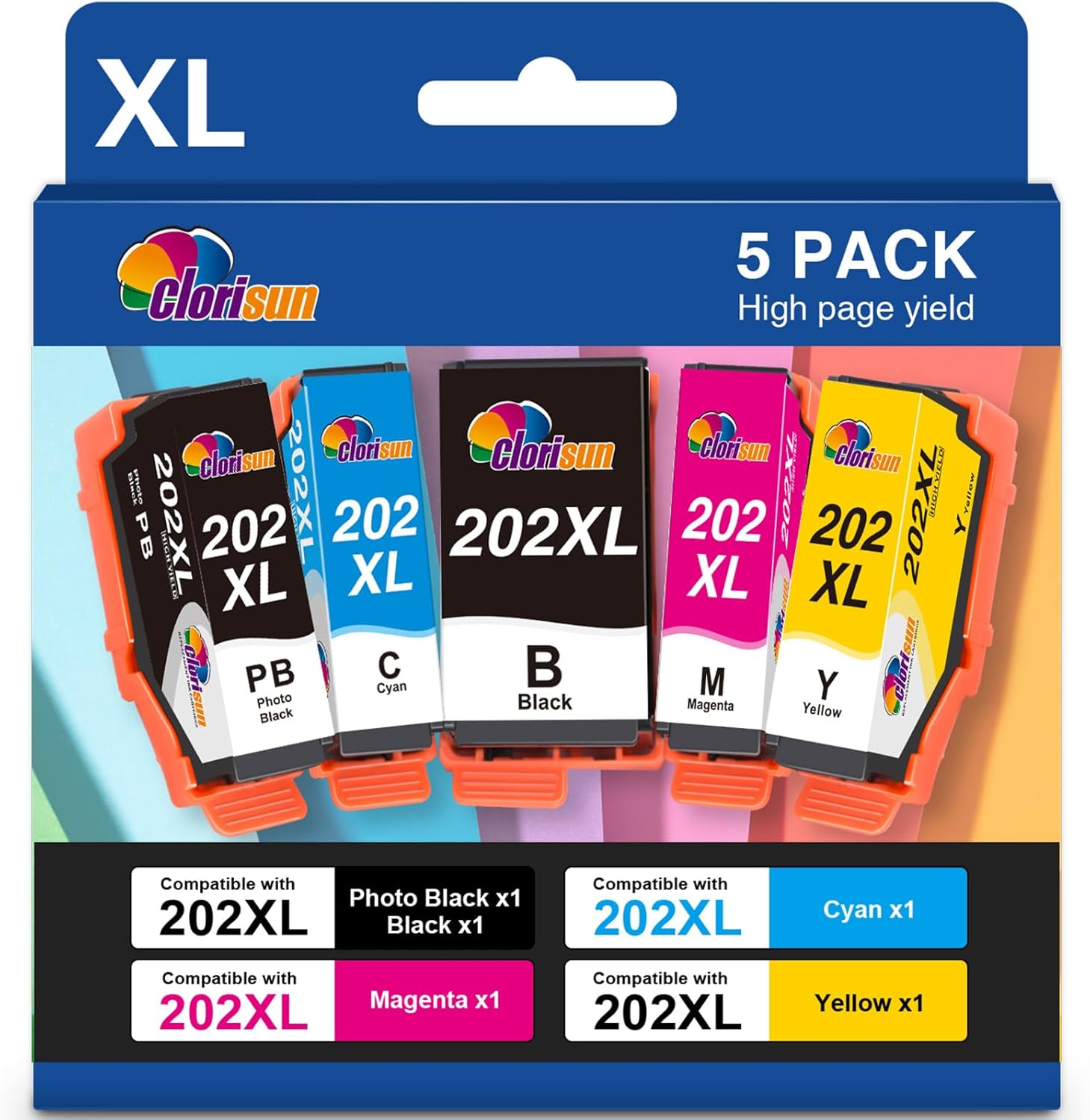 Clorisun 202XL Ink Cartridges for Epson 202XL 202 XL Ink Cartridges Multipack for Epson Expression premium XP-6100 XP-6105 XP-6005 XP-6000 XP-6001 XP6105 XP6100 XP6005 XP6000 XP6001 Printer(5 Pack)