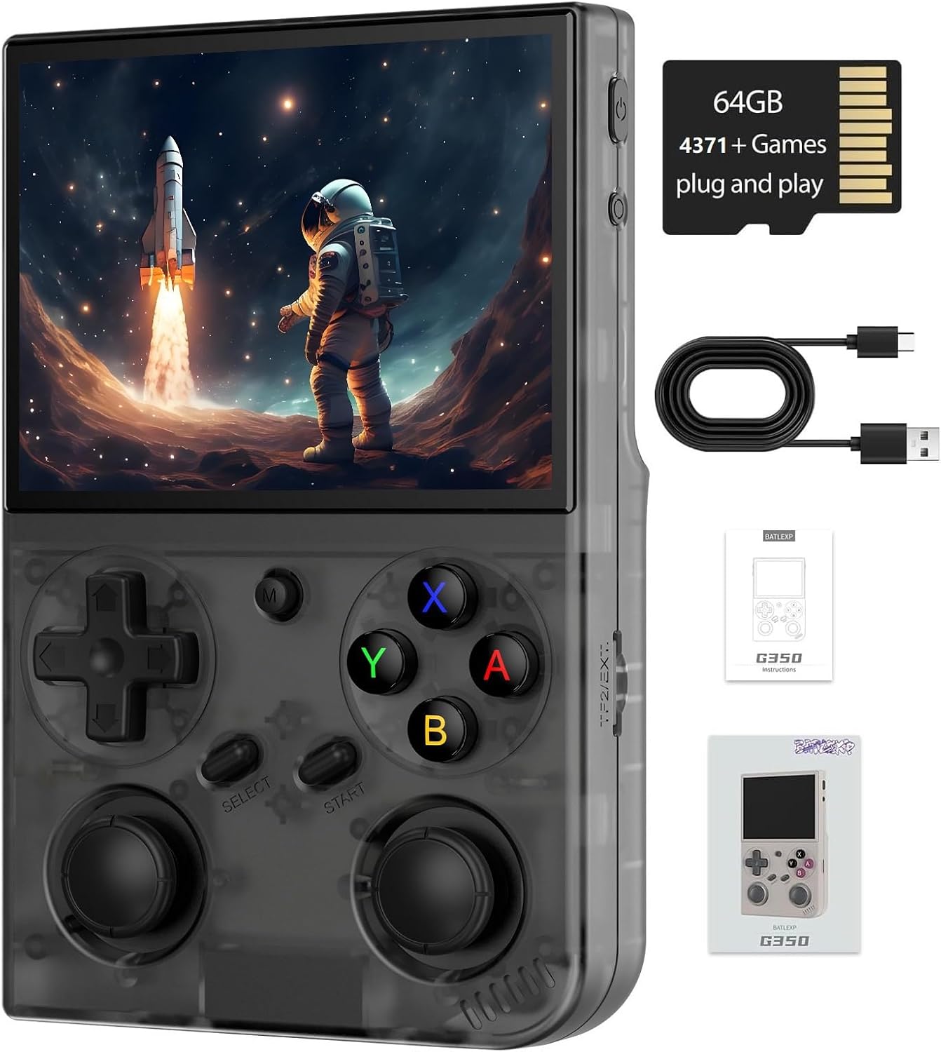 G350 Retro Handheld Game Console , 3.5 Inch IPS Screen Linux System Built-in 64G TF Card 4371 Games Preloaded Game Console 3200mAh Battery (G350 Transparent Black-new)