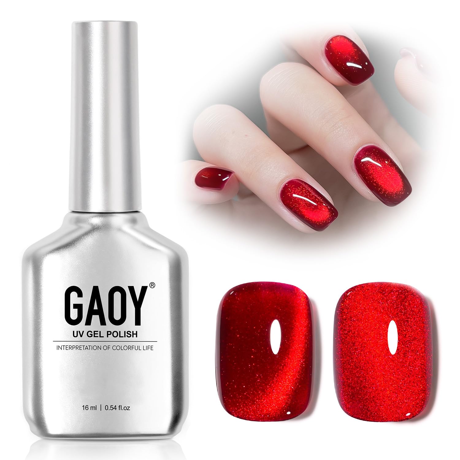 GAOY Red Cat Eye Gel Nail Polish, 16ml Glitter Holographic Nail Polish with Magnet, Reflective Translucent UV Gel, 2907 Ruby Twilight