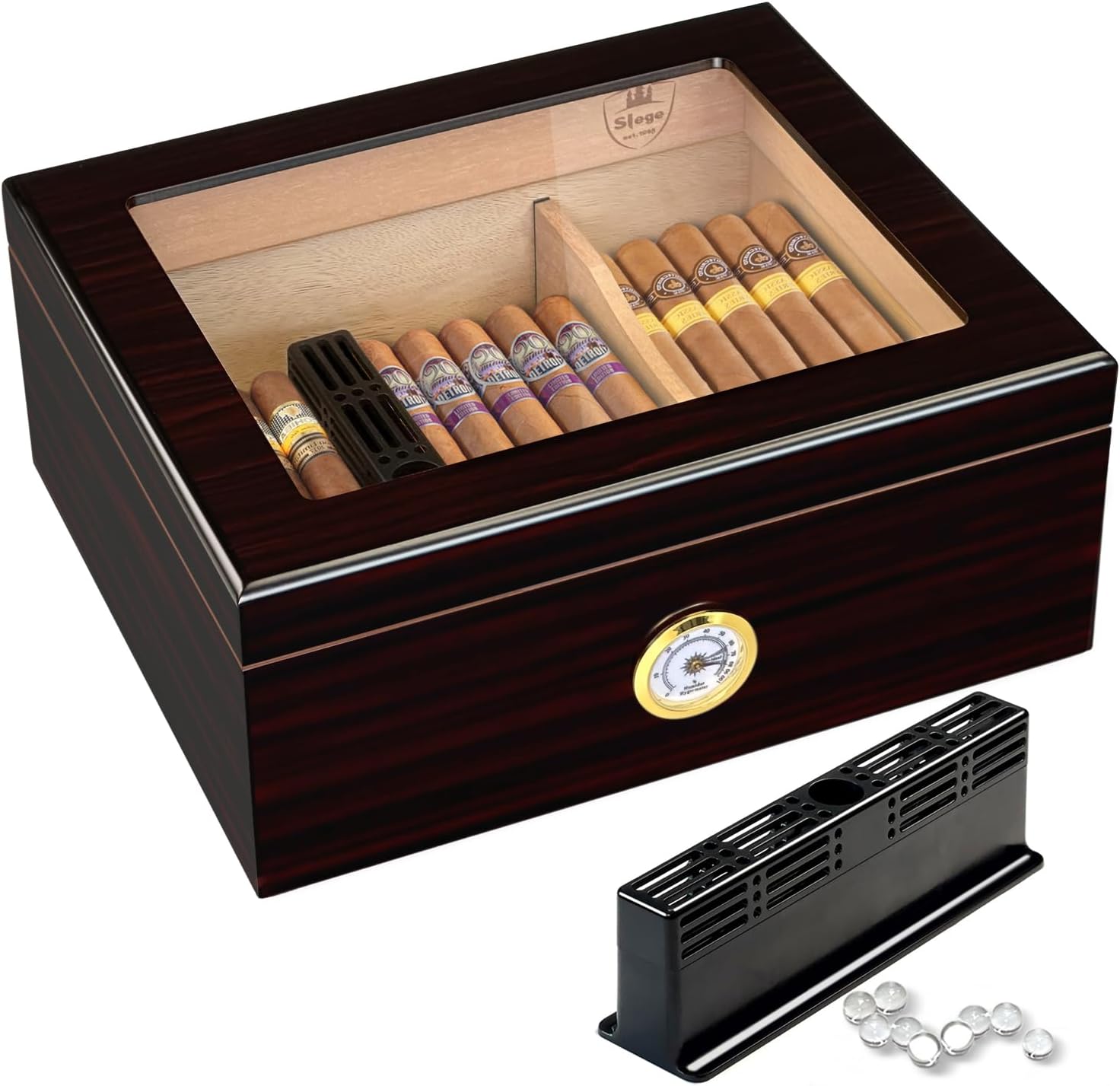 Slege Cigar Humidor,Humidor Cigar Box for Cuban Cigars,Glass-Top Humidor Spanish Cedar-Cigar Case,Humidifier,Divider,Hygrometer,Men's Gift,Cigar Accessories(30-50 Cigars) Black, Black~humidor